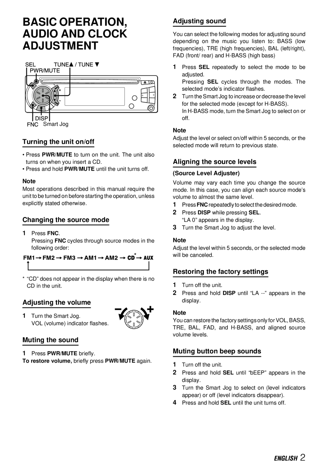 Aiwa CDC-Z117 Turning the unit on/off, Changing the source mode, Adjusting sound, Aligning the source levels 