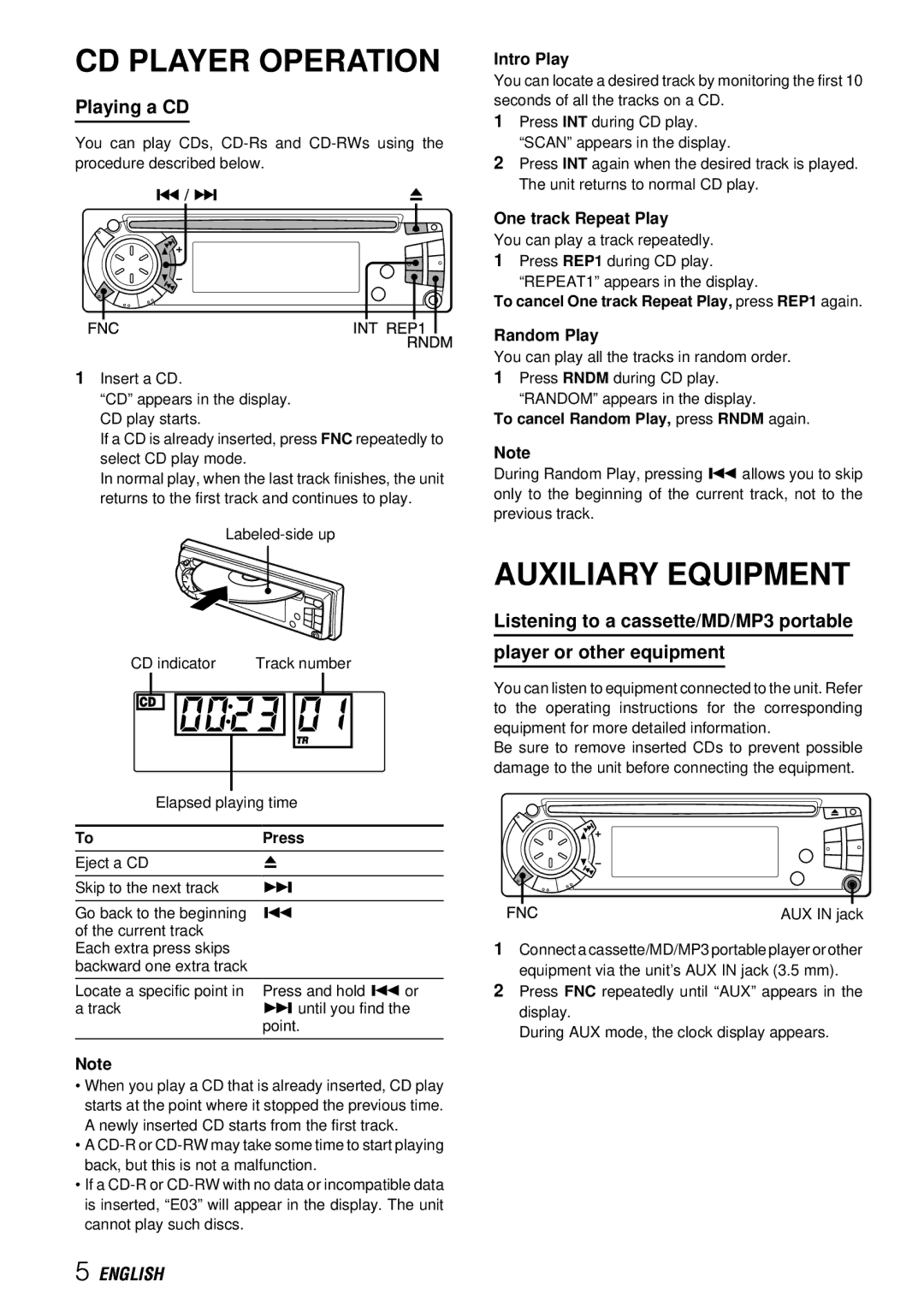 Aiwa CDC-Z117 operating instructions CD Player Operation, Auxiliary Equipment, Playing a CD 