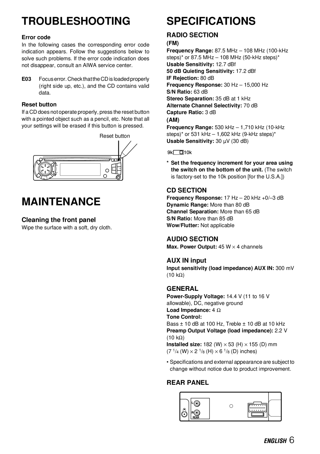 Aiwa CDC-Z117 operating instructions Troubleshooting, Maintenance, Specifications, Cleaning the front panel, AUX in input 