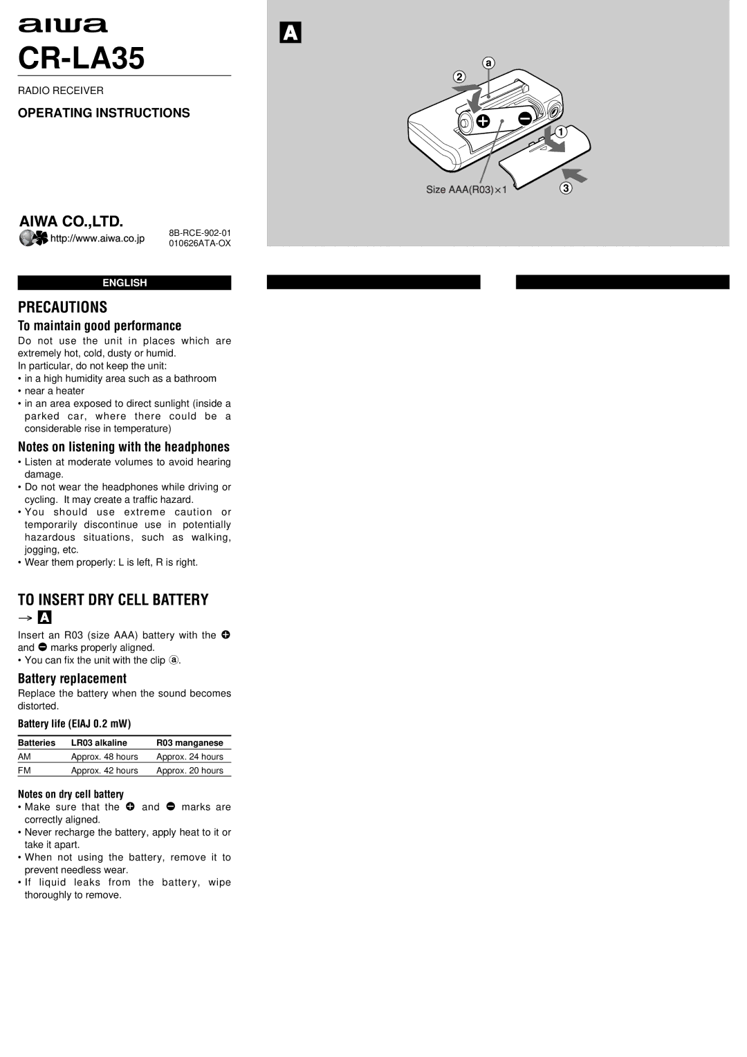 Aiwa CR-LA35 operating instructions Precautions, To Insert DRY Cell Battery, To maintain good performance 