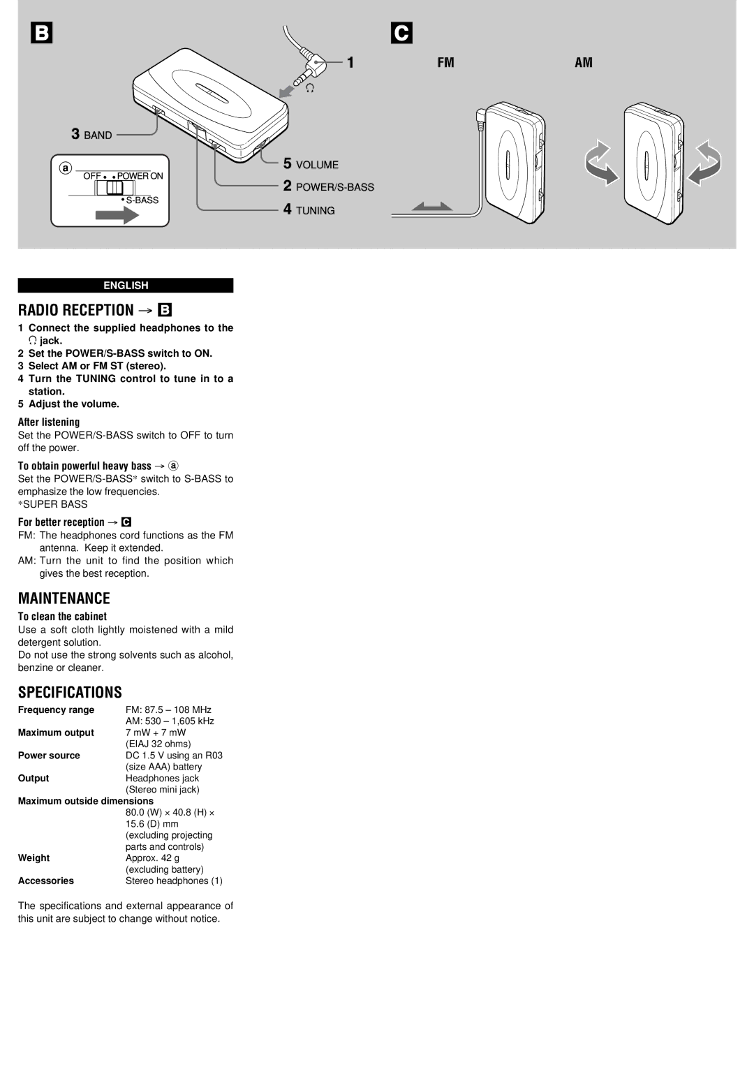 Aiwa CR-LA35 operating instructions Radio Reception → B, Maintenance, Specifications 