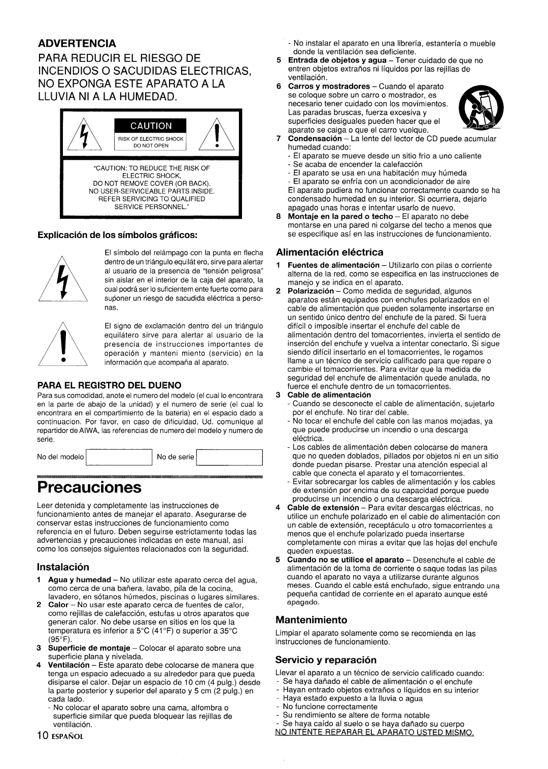 Aiwa CSD-ED 37, CSD-ED67, CSD-ED 57 Precauciones, Alimentacion electrica, Instalacion, Mantenimiento, Servicio y reparation 