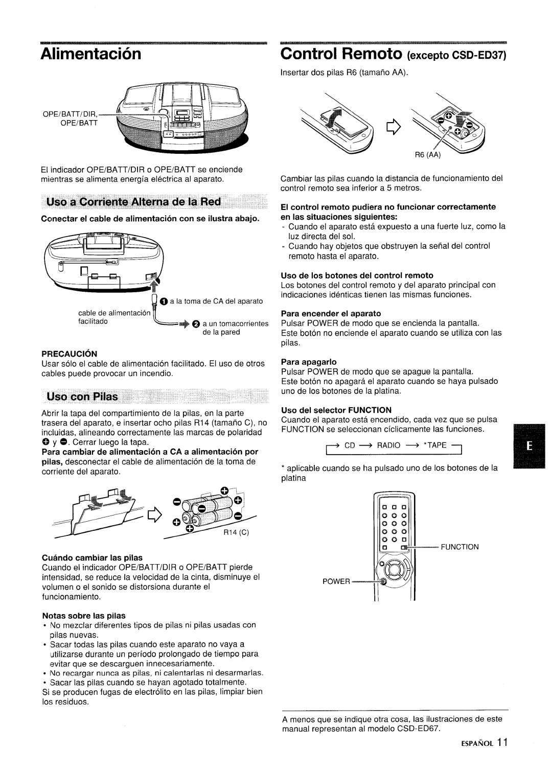 Aiwa CSD-ED 57, CSD-ED67, CSD-ED 37 manual Limentacion, Ccmectar el cable de alimentacion con se ilustra abajo, P13ECAUCION 