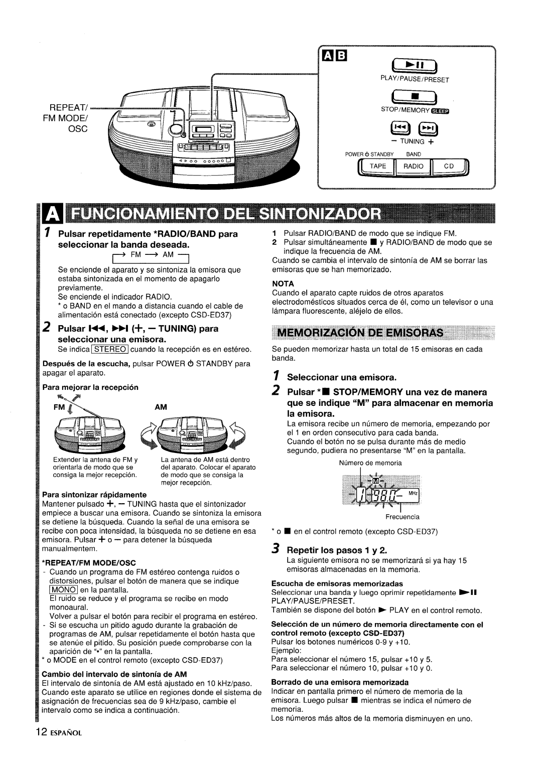 Aiwa CSD-ED67, CSD-ED 37, CSD-ED 57 manual Pulsar l++, H +, Tuning para seleccionar una emisora, Repetir Ios pasos 1 y 