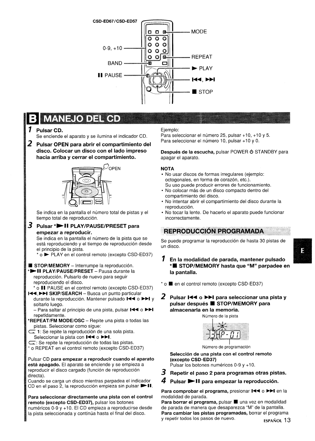 Aiwa CSD-ED 37, CSD-ED67, CSD-ED 57 manual Pulsar CD, Pulsar **II PLAY/PAUSE/PRESET para empezar a reproducer, Nota 