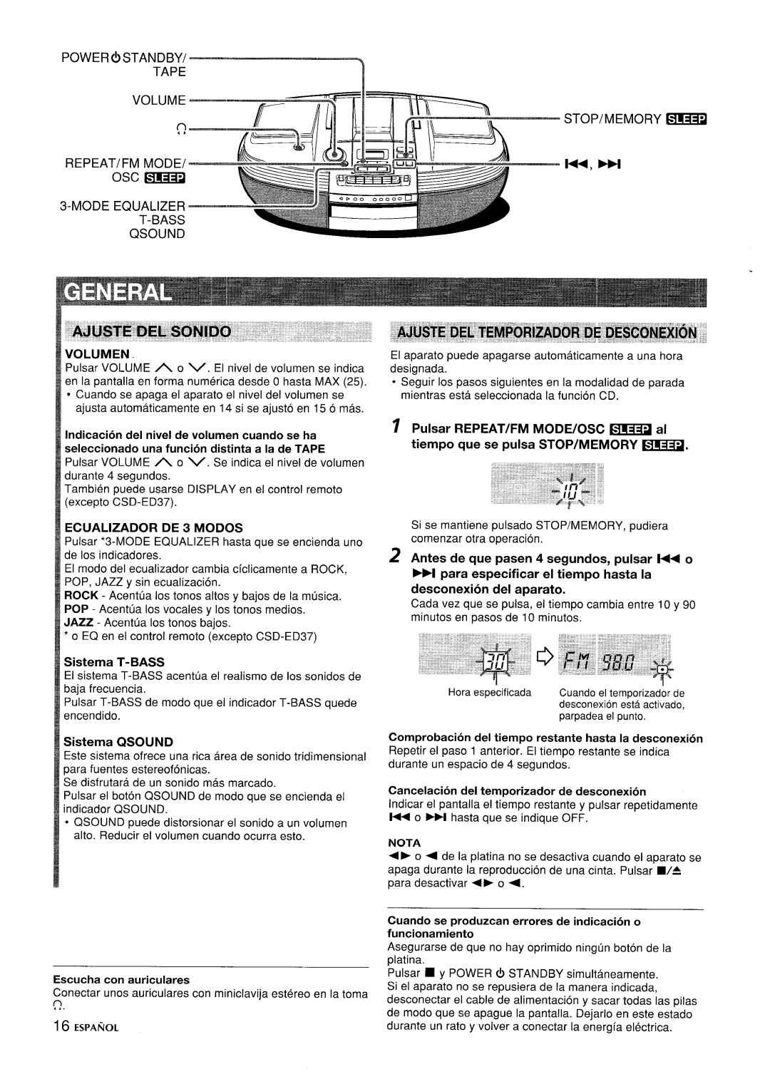 Aiwa CSD-ED 37, CSD-ED67, CSD-ED 57 manual Volumen, Ecualizador DE 3 Modos, Sistema T-BASS, Sistema Qsound 