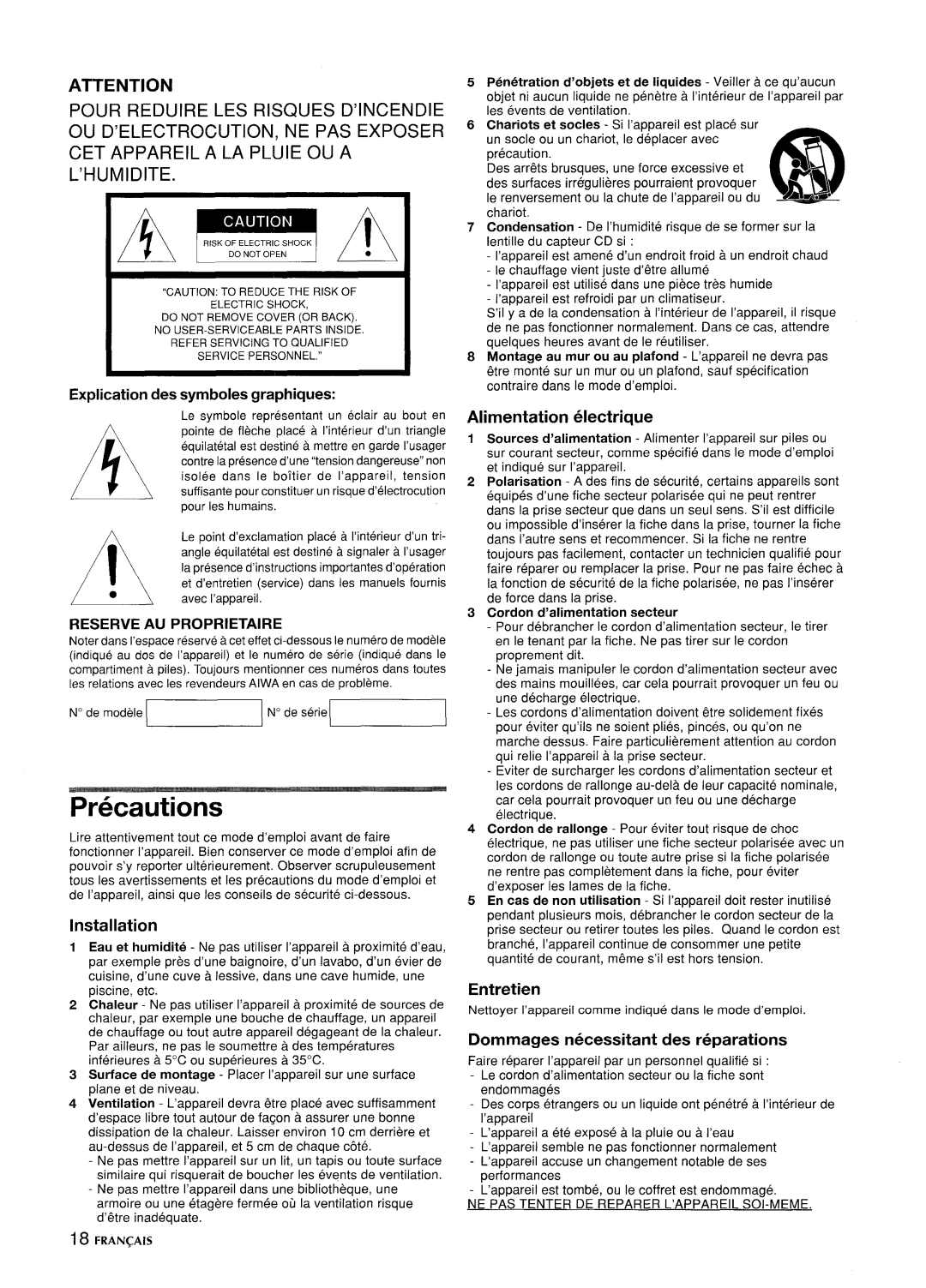 Aiwa CSD-ED67, CSD-ED 37 Alimentation Electrique, Entretien, Dommages necessitant des reparations, Reserve AU Proprietaire 