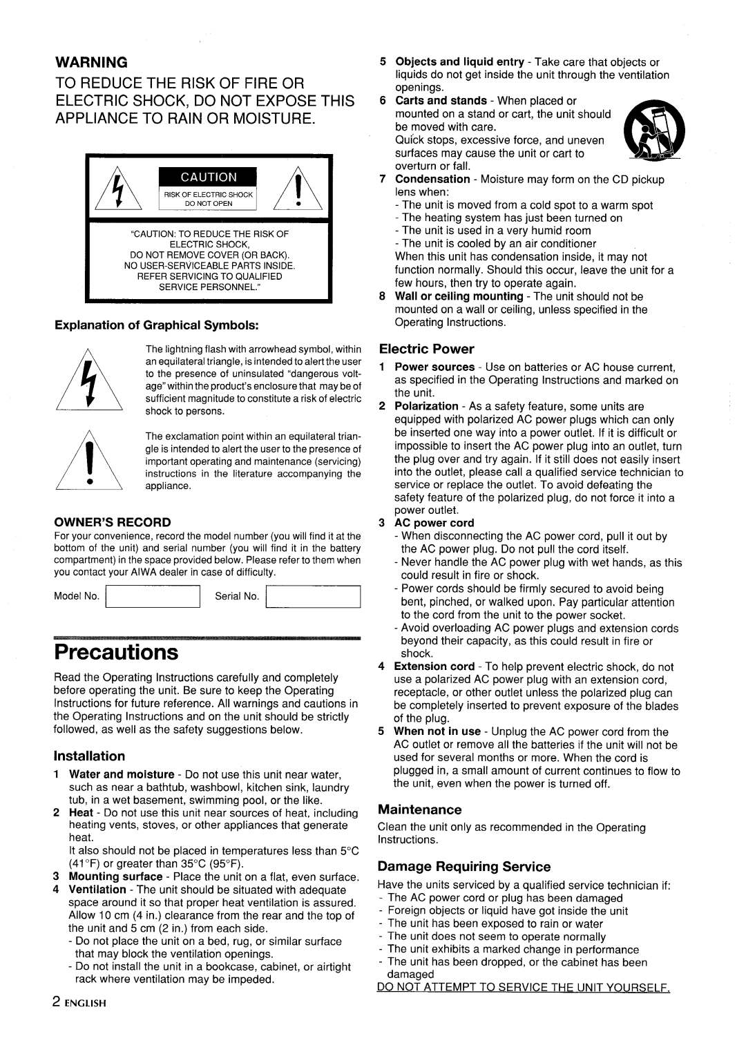 Aiwa CSD-ED 57, CSD-ED67, CSD-ED 37 manual Precautions, Electric Power, Installation, Maintenance, Damage Requiring Service 