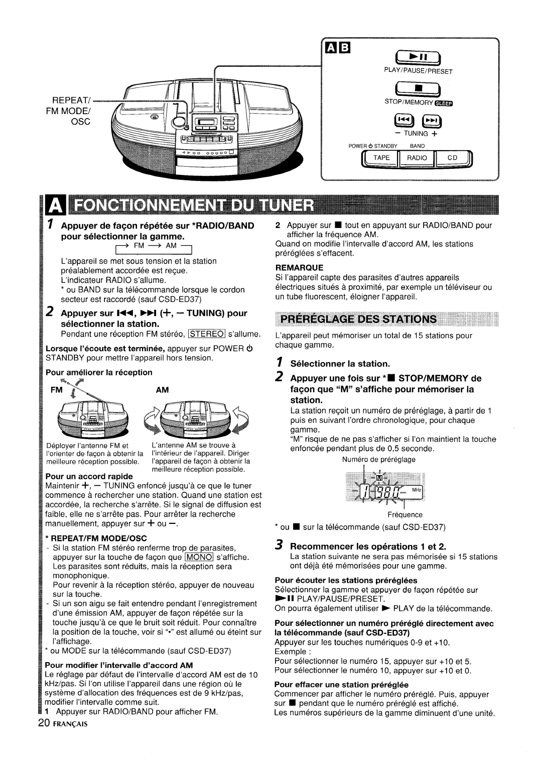 Aiwa CSD-ED 57, CSD-ED67, CSD-ED 37 Appuyer Sur K, Pour, Selectionner La station, Remar@Je, Recommence Ies operations 1 et 