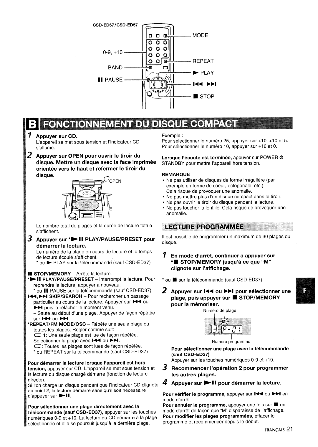 Aiwa CSD-ED67, CSD-ED 37, CSD-ED 57 manual Mode, Repeat, Play l++, WI, Stop, Remarque 