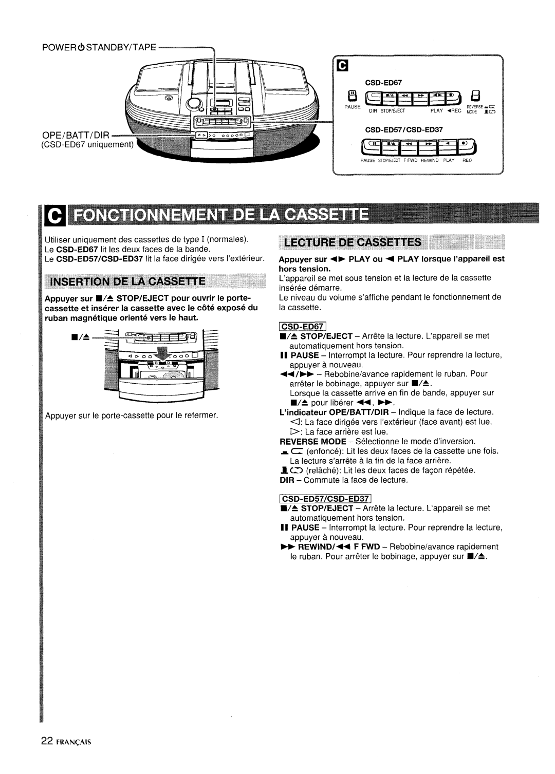 Aiwa CSD-ED 37, CSD-ED67, CSD-ED 57 manual Power C!STANDBY/TAPE -%, OPE/BATT/Dl 