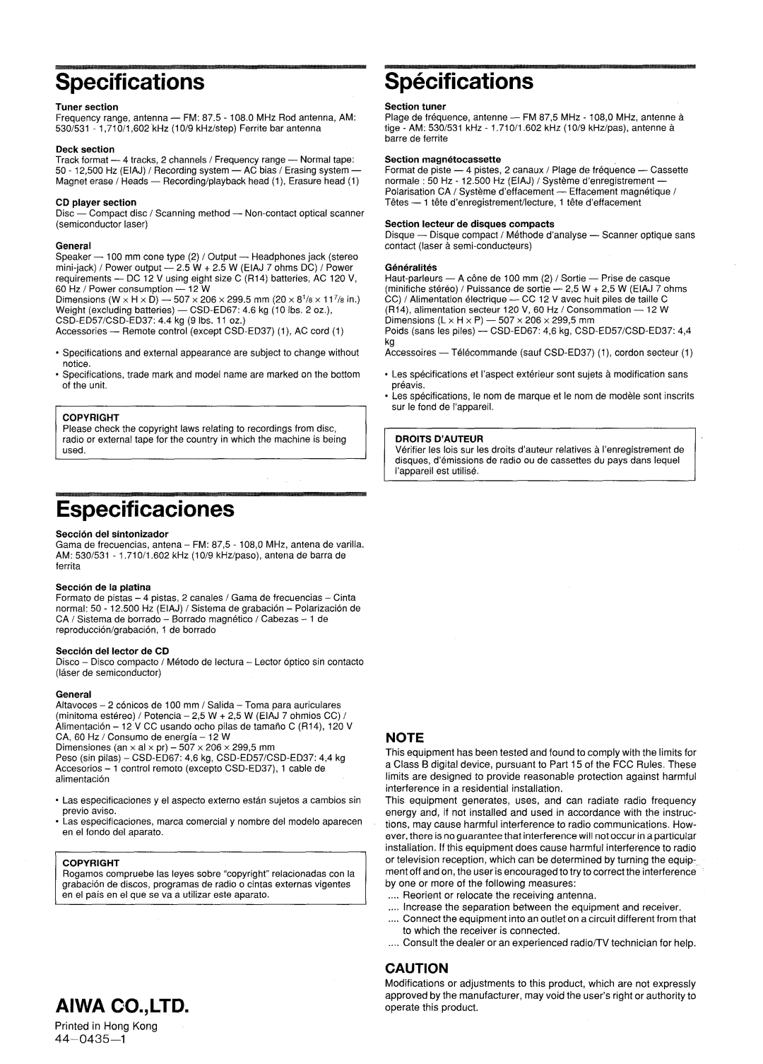 Aiwa CSD-ED 37, CSD-ED67, CSD-ED 57 manual Specifications, Especificaciones 