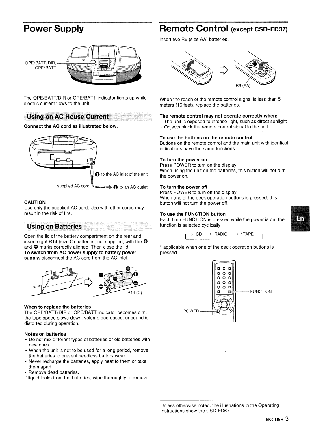 Aiwa CSD-ED67, CSD-ED 37, CSD-ED 57 manual Power Supply Remote Control except CSD-ED37 