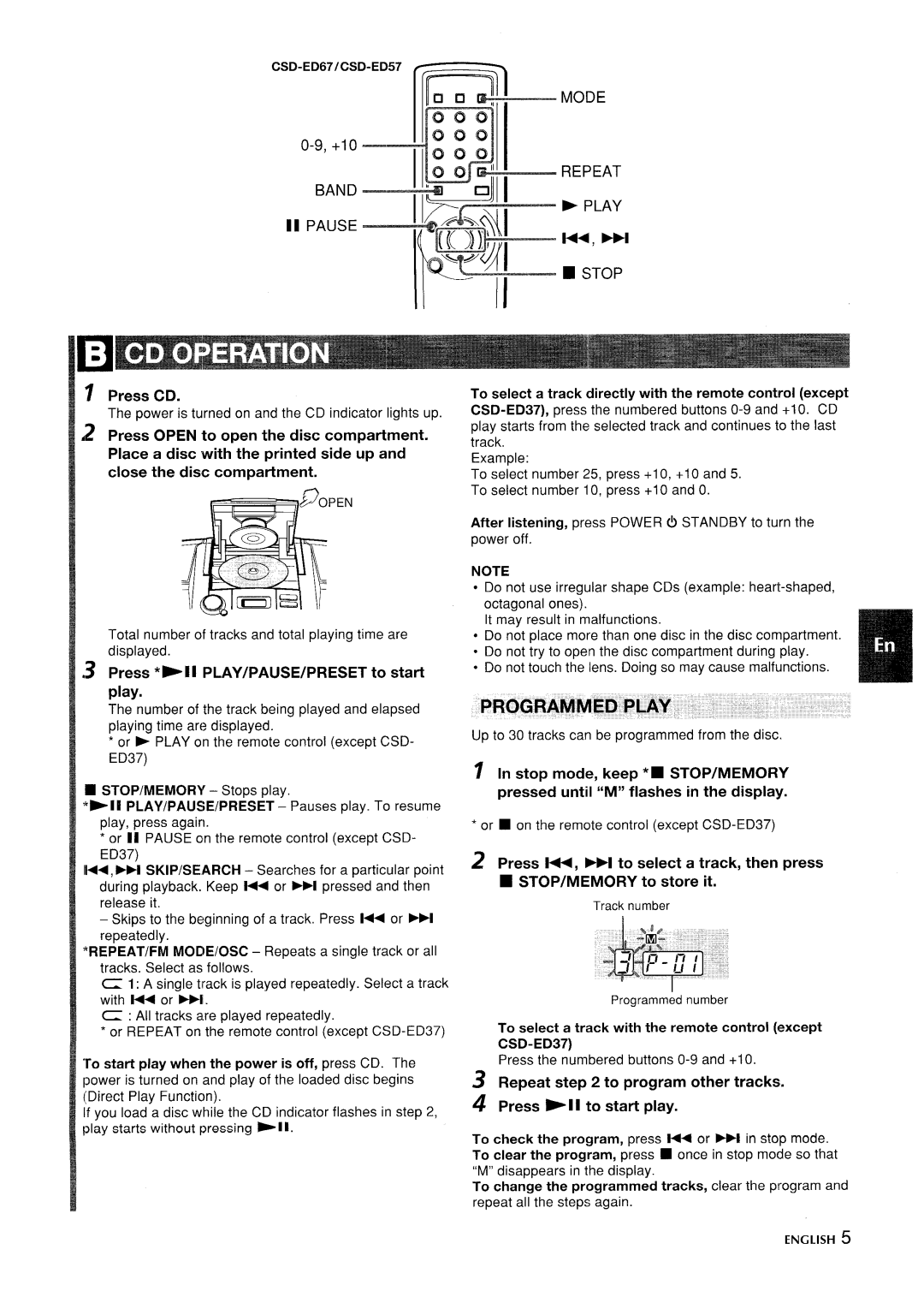 Aiwa CSD-ED 57, CSD-ED67, CSD-ED 37 manual Press CD, Press’- II PLAY/PAUSE/PRESET to start play 
