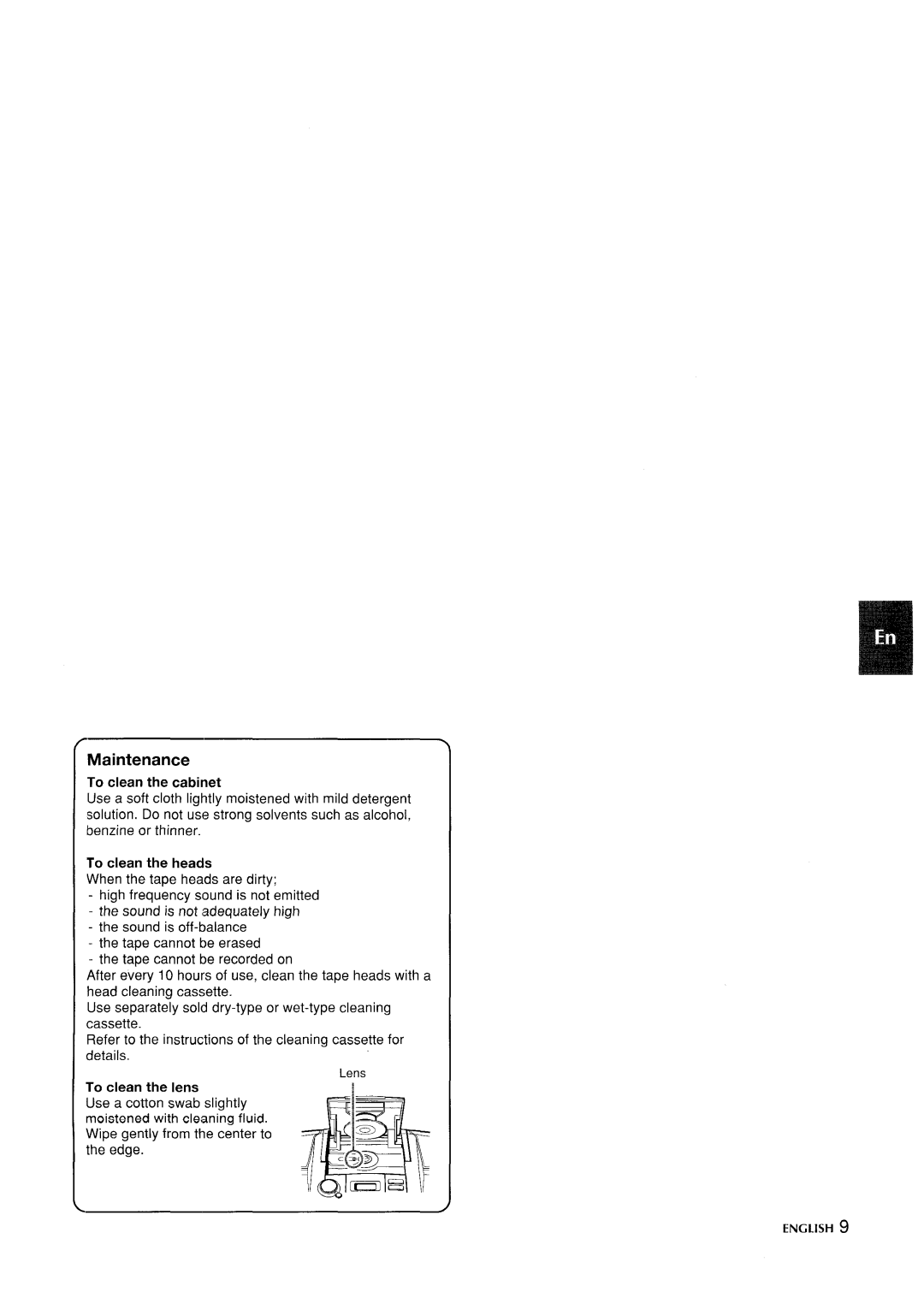 Aiwa CSD-ED67, CSD-ED 37, CSD-ED 57 manual To clean the cabinet, To clean the heads, To clean the lens 