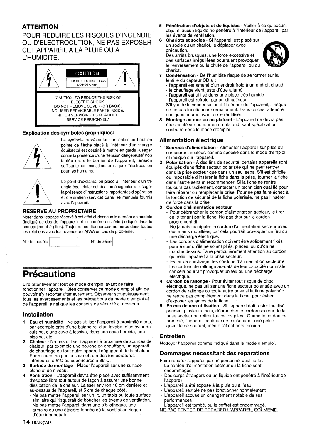 Aiwa CSD-ED87 manual Explication des symboies graphiques, Reserve AU Proprietaire, Cordon d’alimentation secteur 