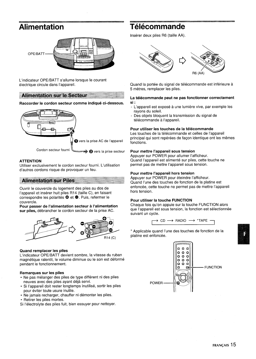 Aiwa CSD-ED87 manual Alimentation, Telecommande 