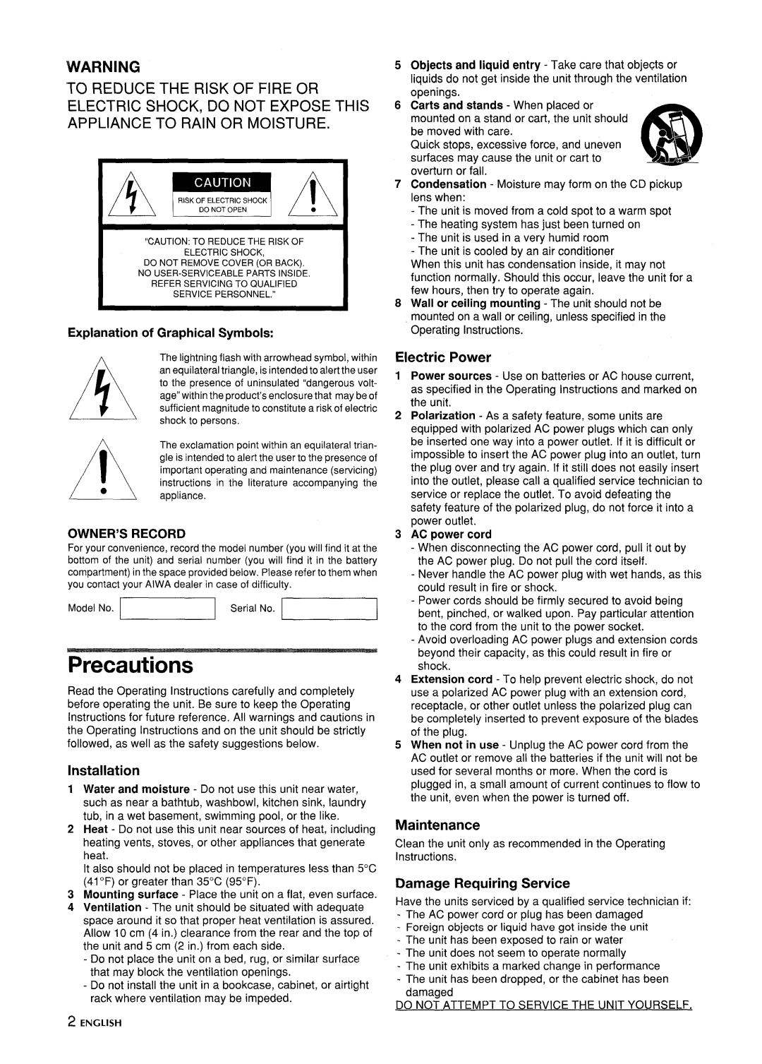 Aiwa CSD-ED87 manual Precautions, Explanation of Graphical Symbols, Owner’S, Record, AC power cord 