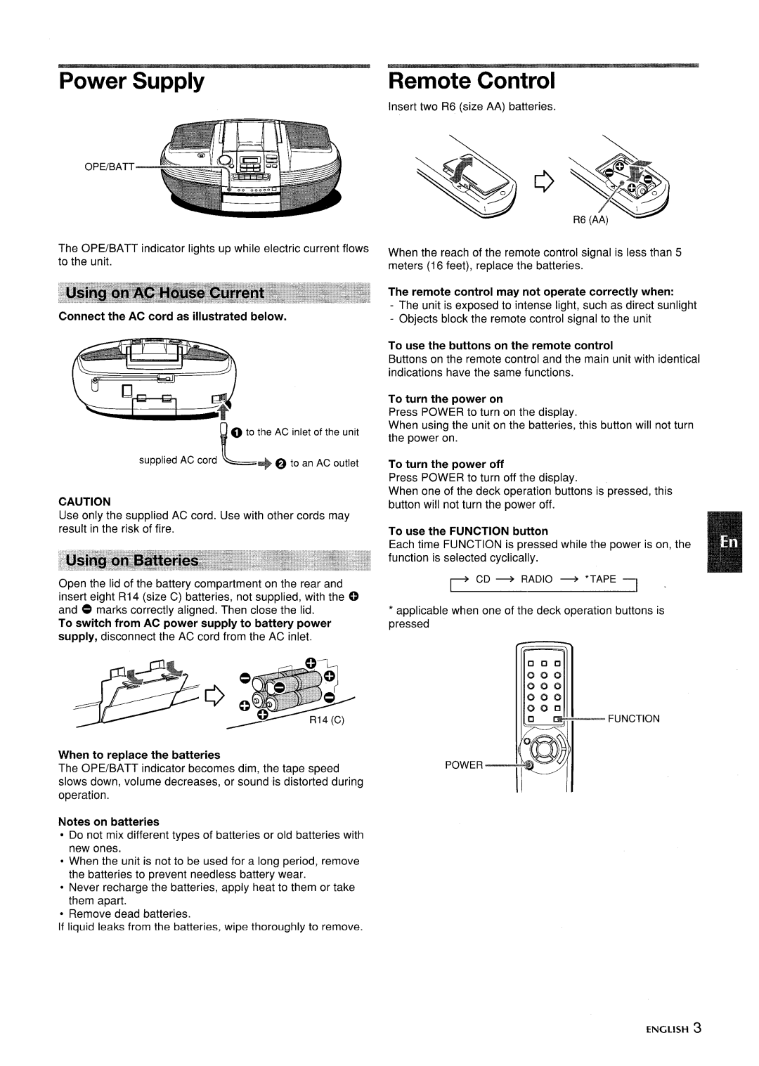 Aiwa CSD-ED87 manual Power Supply, Remote Control 