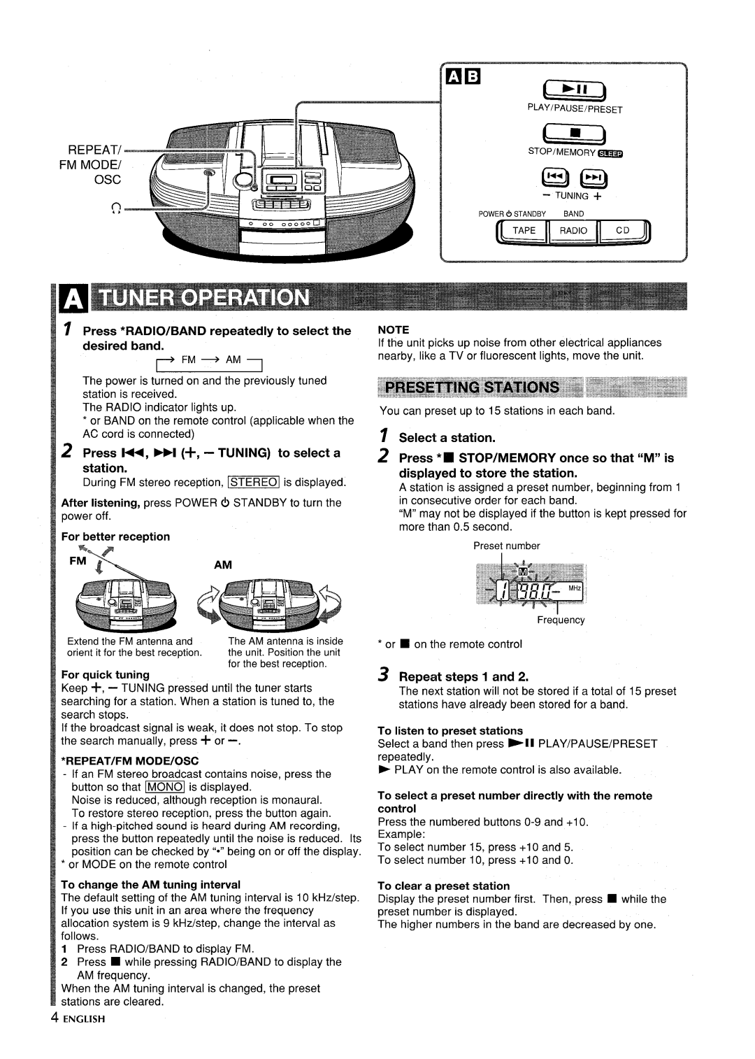 Aiwa CSD-ED87 Press *RADIO/BAND repeatedly to select the desired band, Press +, Tuning To select a Station, Repeat steps 1 