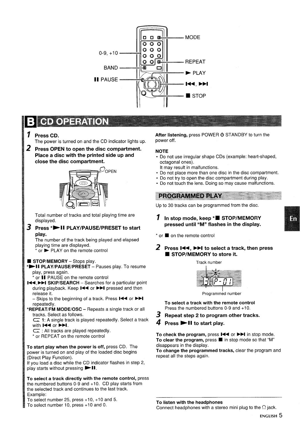 Aiwa CSD-ED87 Press CD, Press ‘-11 PLAY/PAUSE/PRESET to start play, Repeat to program other tracks Press -II to start play 