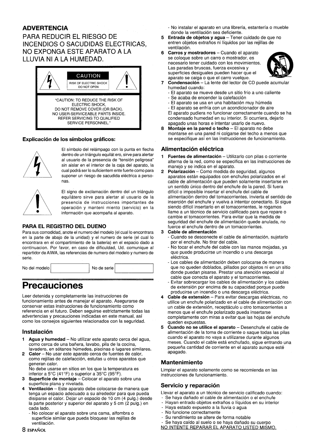 Aiwa CSD-ED87 manual Precauciones, Explication de Ios simbolos graficos, Para EL Registro DEL Dueno, Cable de alimentacion 