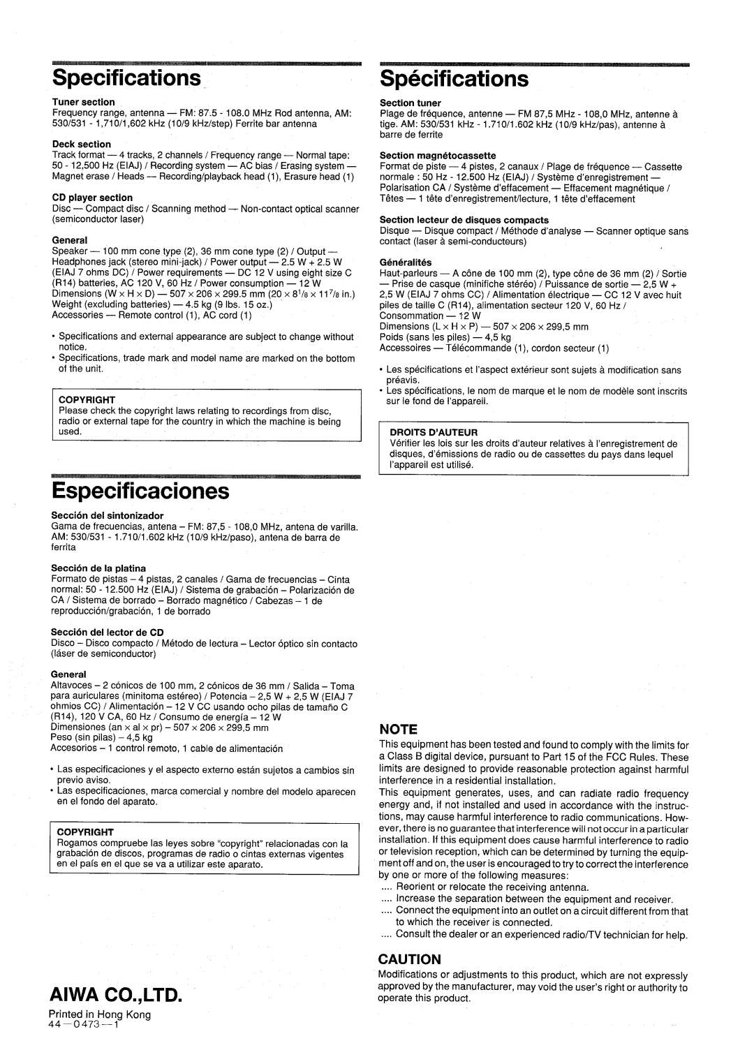 Aiwa CSD-ED87 manual Specifications, Especificaciones, Tuner section, Deck section, Copyright, Droits D’Auteur 