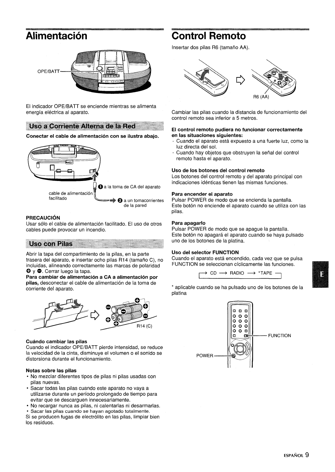 Aiwa CSD-ED87 Alimentacion, Control Remoto, Uso de Ios botones del control remoto, Para encender el aparato, Precaution 