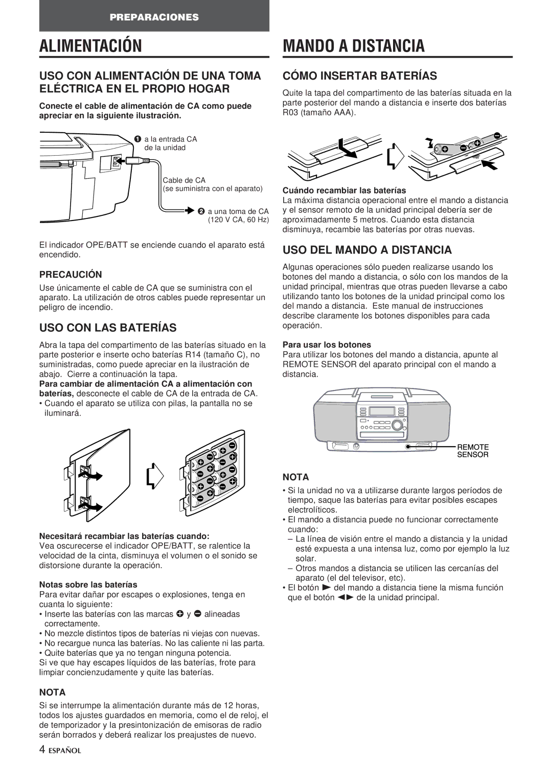Aiwa CSD-EL300 Alimentación, USO CON LAS Baterías, Cómo Insertar Baterías, USO DEL Mando a Distancia 