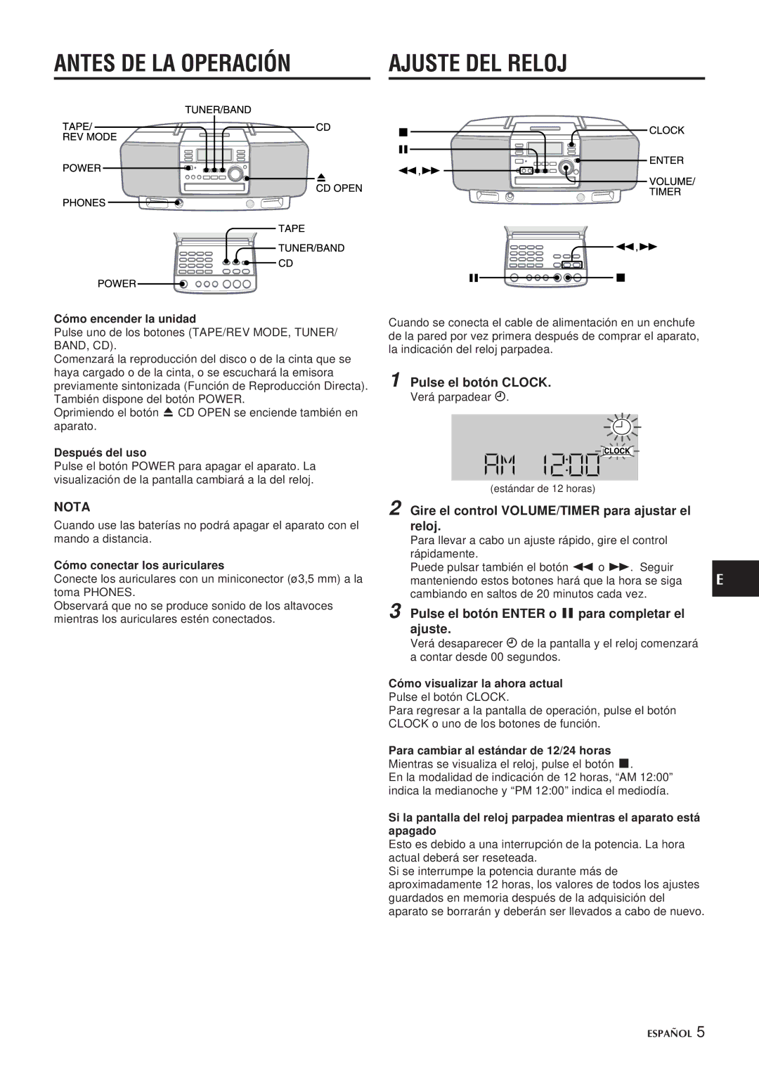 Aiwa CSD-EL300 operating instructions Antes DE LA Operación, Ajuste DEL Reloj, Pulse el botón Clock 