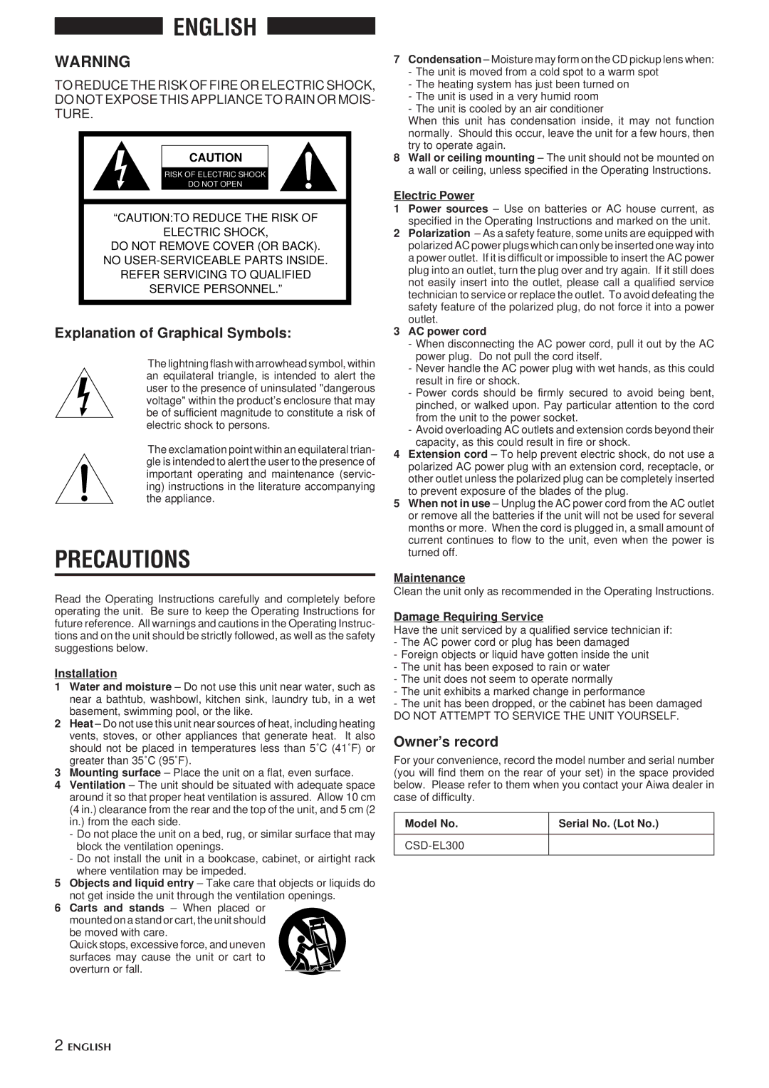 Aiwa CSD-EL300 operating instructions English, Precautions, Explanation of Graphical Symbols, Owner’s record 