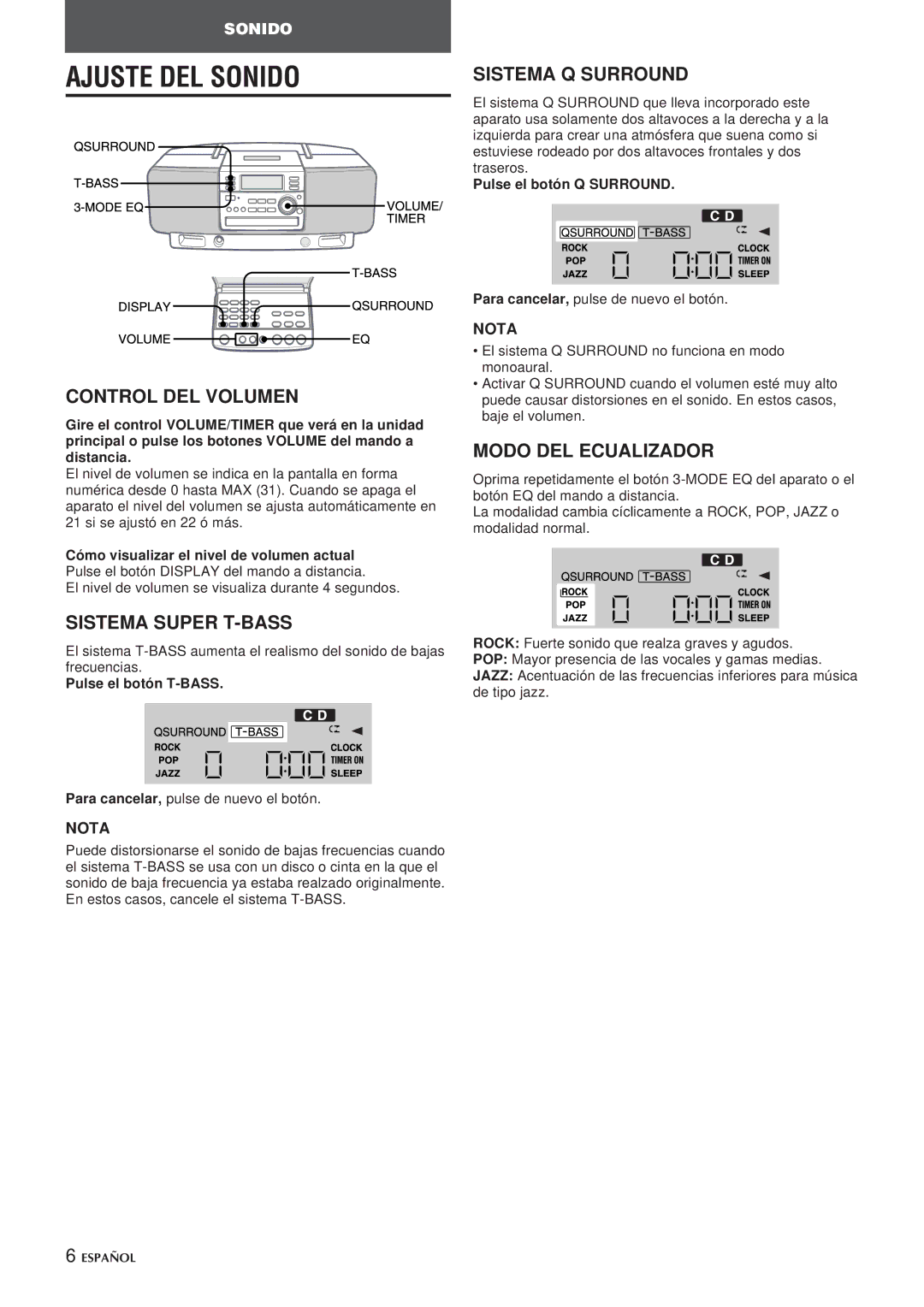 Aiwa CSD-EL300 Ajuste DEL Sonido, Control DEL Volumen, Sistema Super T-BASS, Sistema Q Surround, Modo DEL Ecualizador 