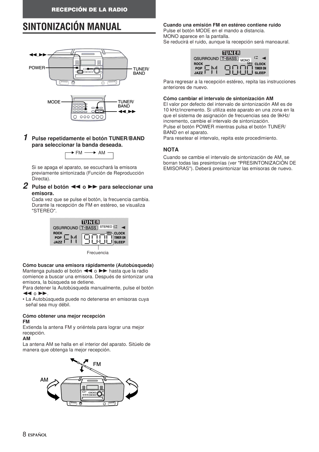 Aiwa CSD-EL300 Sintonización Manual, Pulse el botón f o gpara seleccionar una emisora, Cómo obtener una mejor recepción 