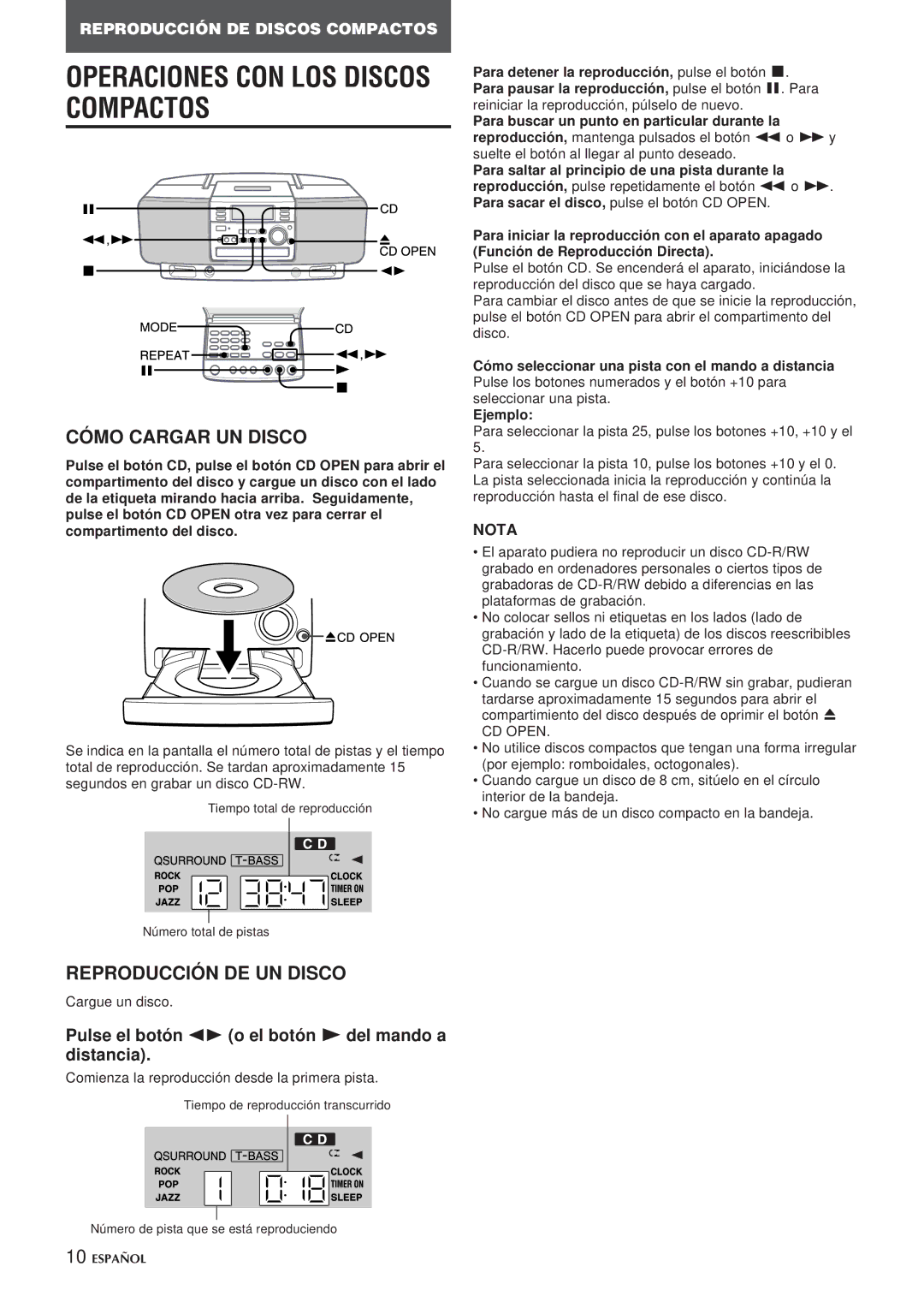 Aiwa CSD-EL300 operating instructions Operaciones CON LOS Discos Compactos, Cómo Cargar UN Disco, Reproducción DE UN Disco 