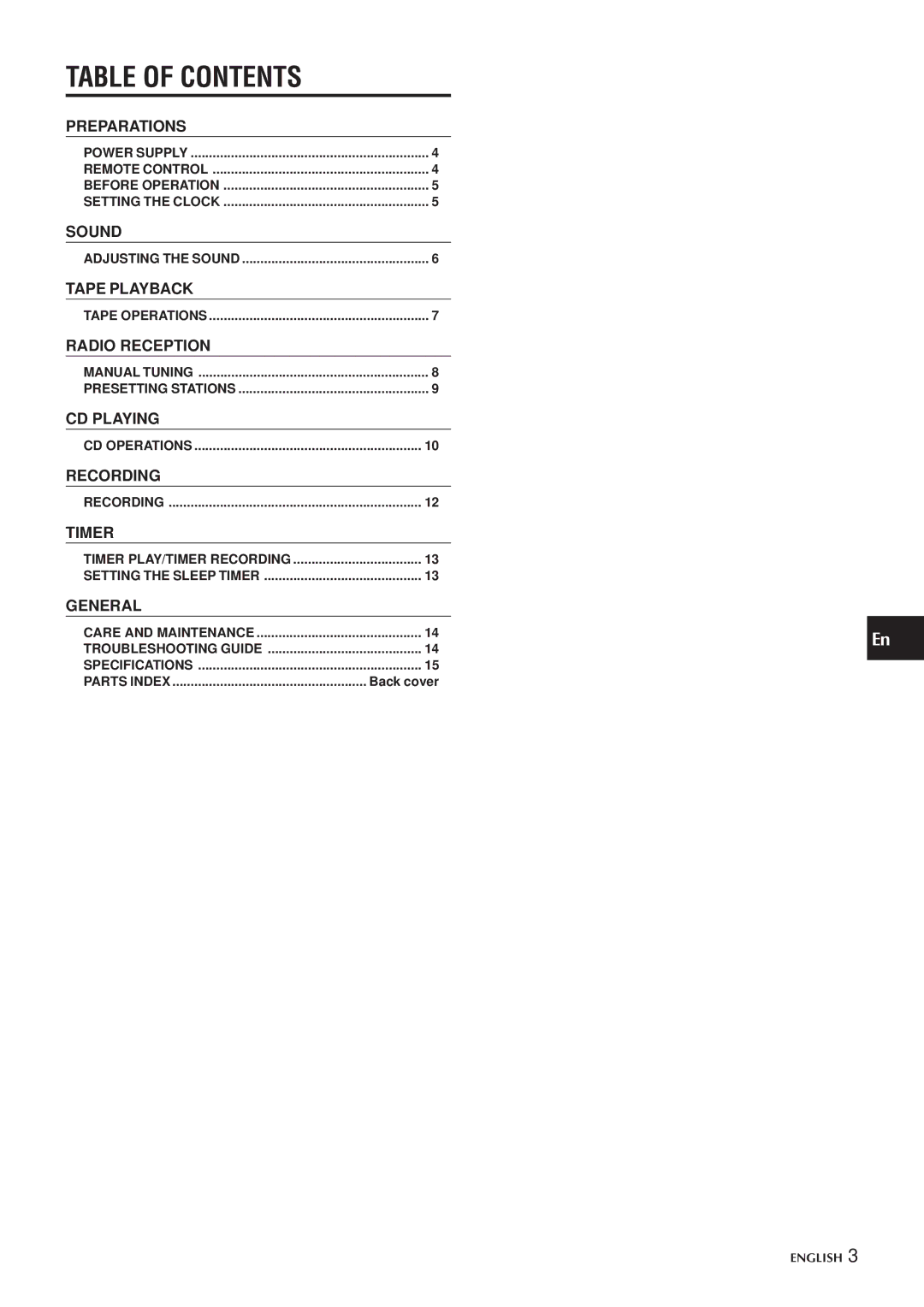 Aiwa CSD-EL300 operating instructions Table of Contents 