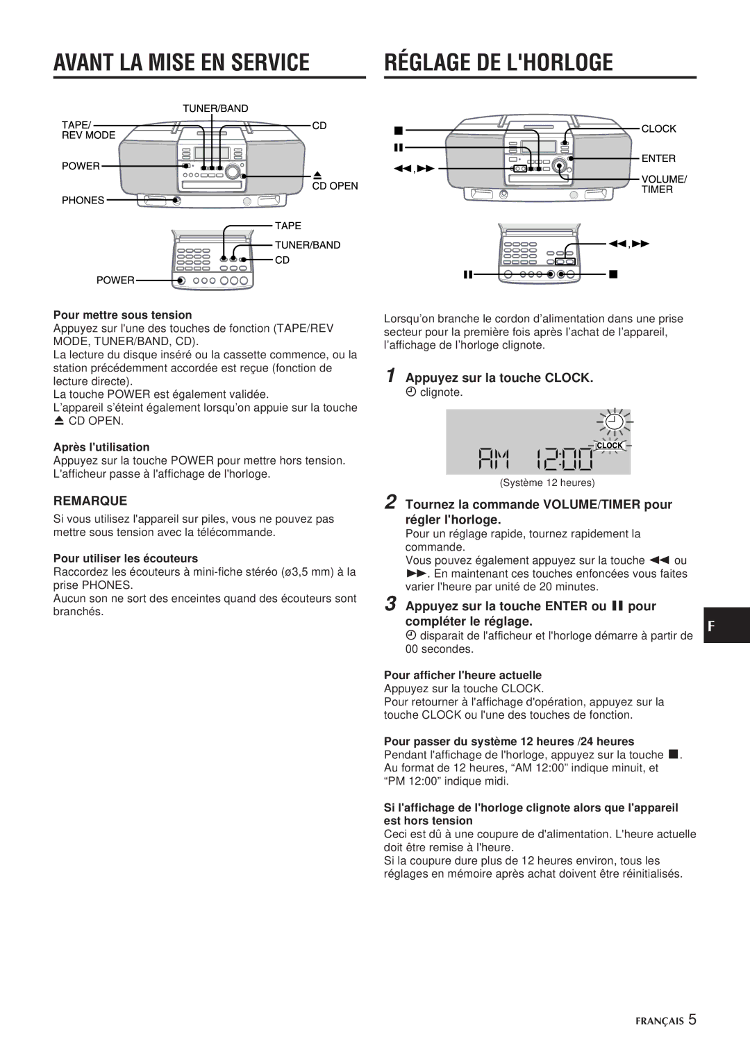 Aiwa CSD-EL300 operating instructions Avant LA Mise EN Service, Réglage DE Lhorloge, Appuyez sur la touche Clock 