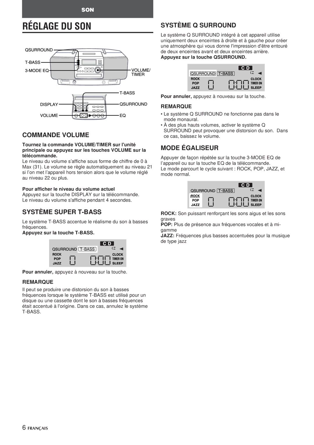 Aiwa CSD-EL300 Réglage DU SON, Commande Volume, Système Super T-BASS, Système Q Surround, Mode Égaliseur 