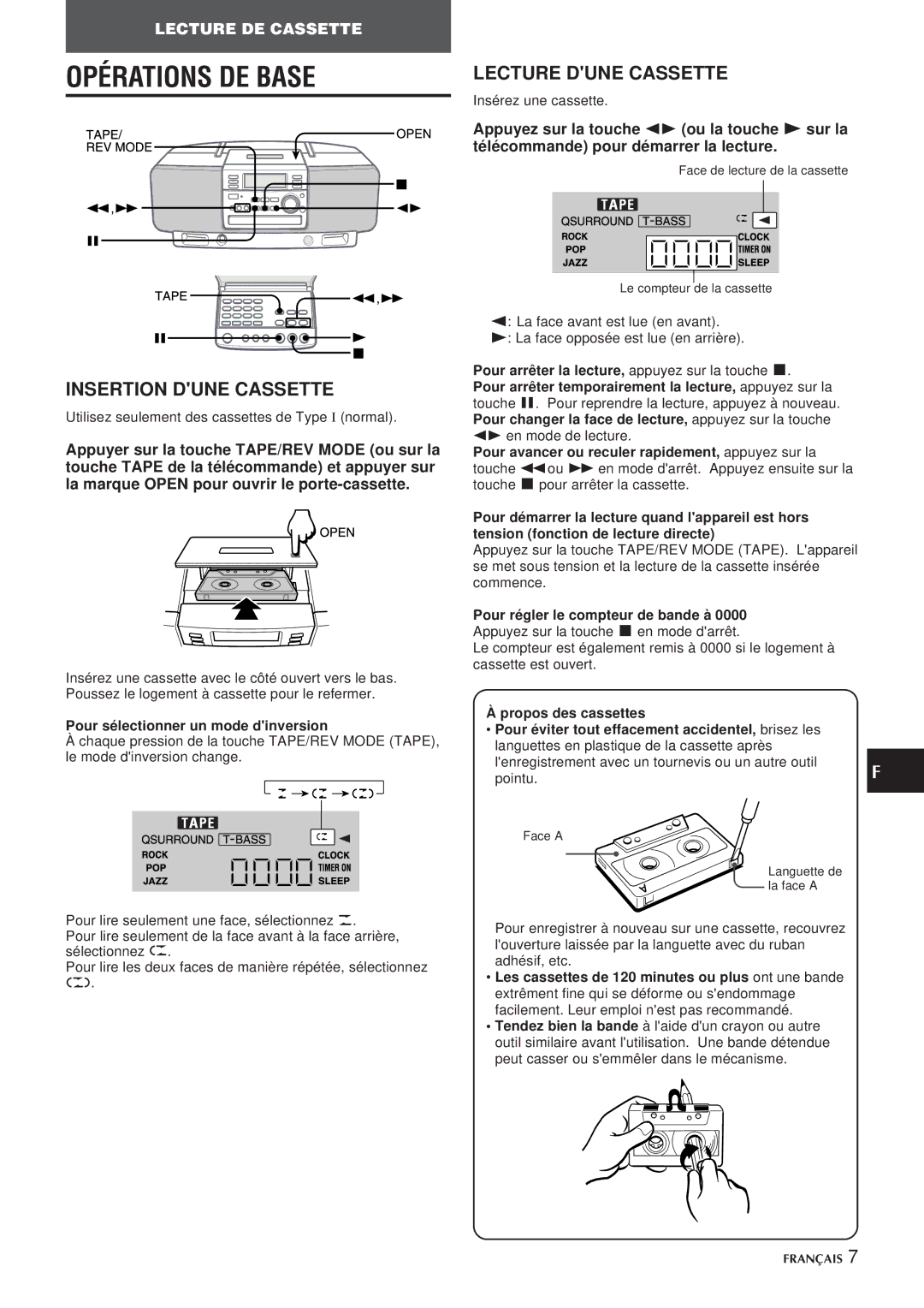 Aiwa CSD-EL300 Opérations DE Base, Insertion Dune Cassette, Lecture Dune Cassette, Pour sélectionner un mode dinversion 