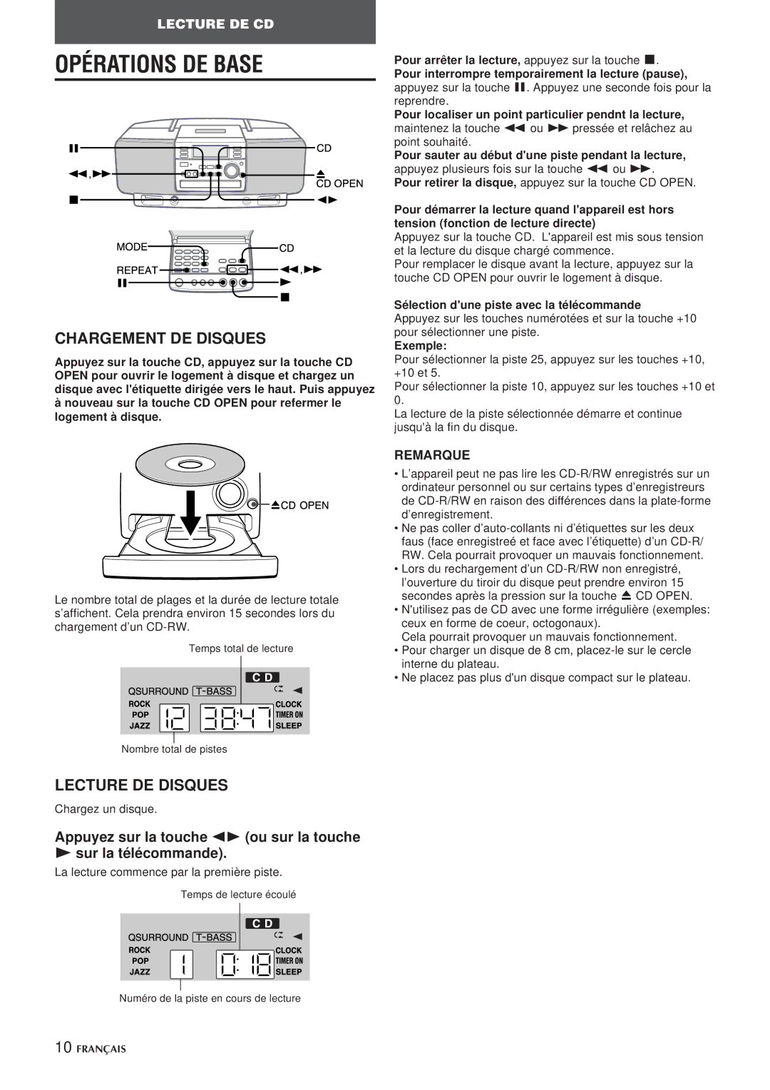 Aiwa CSD-EL300 Chargement DE Disques, Lecture DE Disques, Appuyez sur la touche dou sur la touche Sur la télécommande 