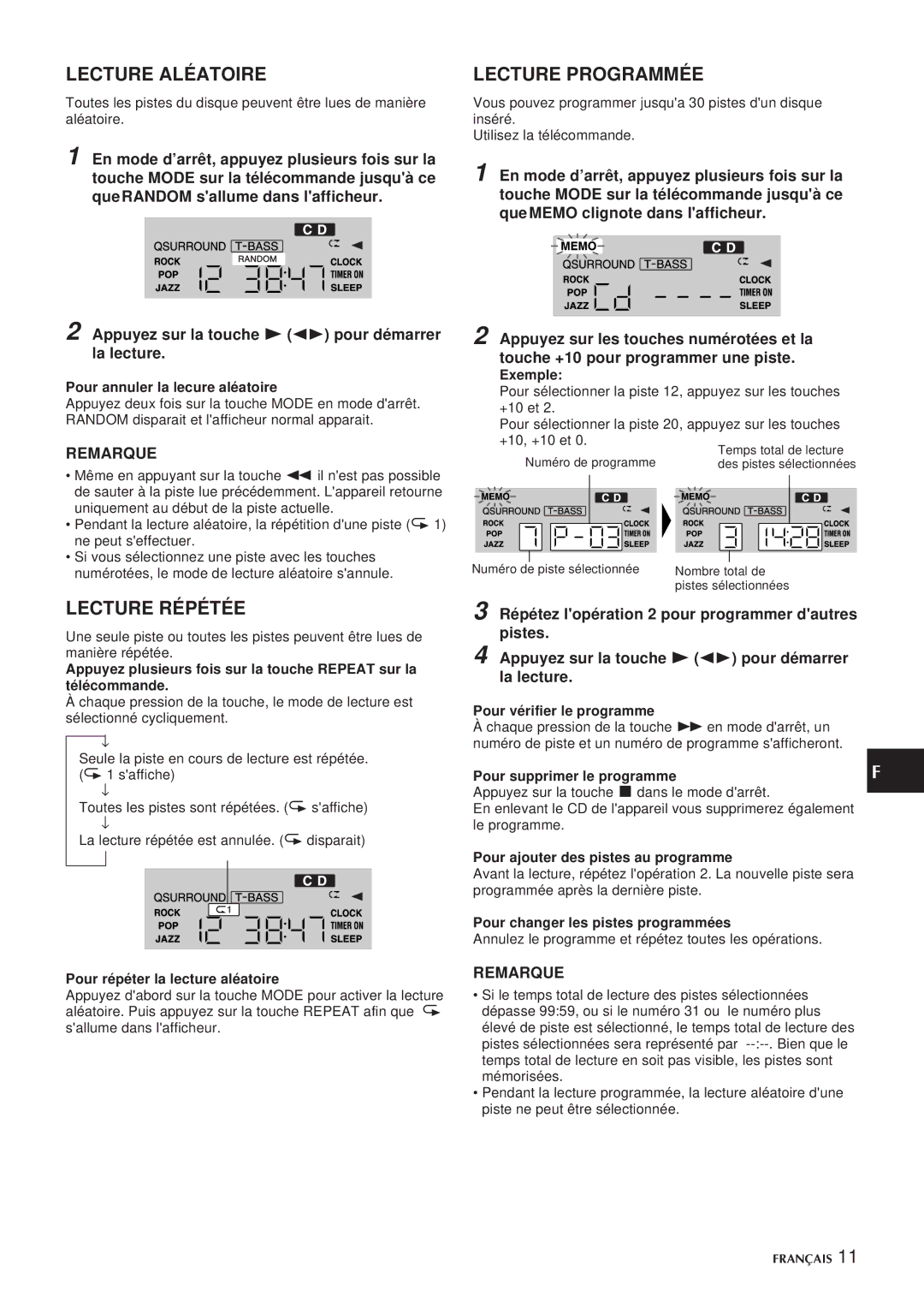 Aiwa CSD-EL300 operating instructions Lecture Aléatoire, Lecture Répétée, Lecture Programmée 