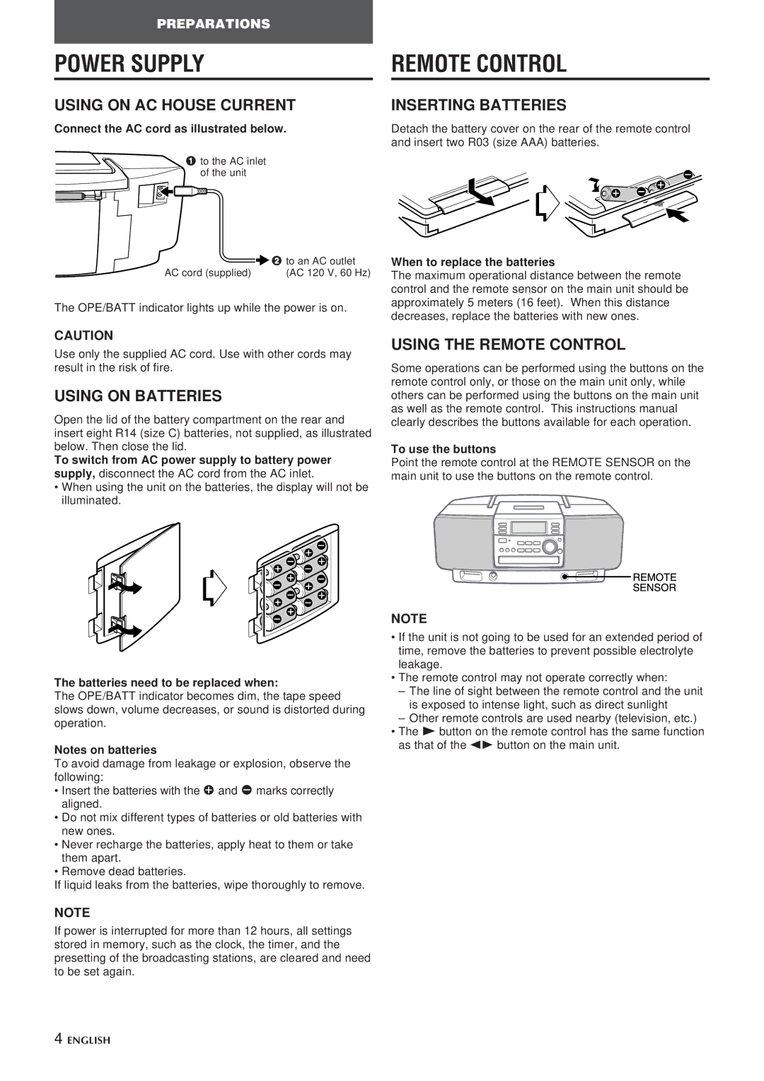 Aiwa CSD-EL300 operating instructions Power Supply, Remote Control 