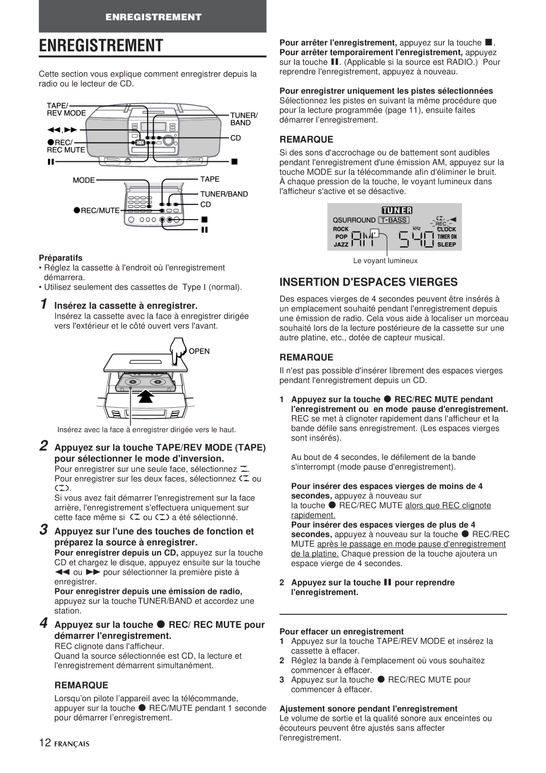 Aiwa CSD-EL300 Enregistrement, Insertion Despaces Vierges, Insérez la cassette à enregistrer, Préparatifs 