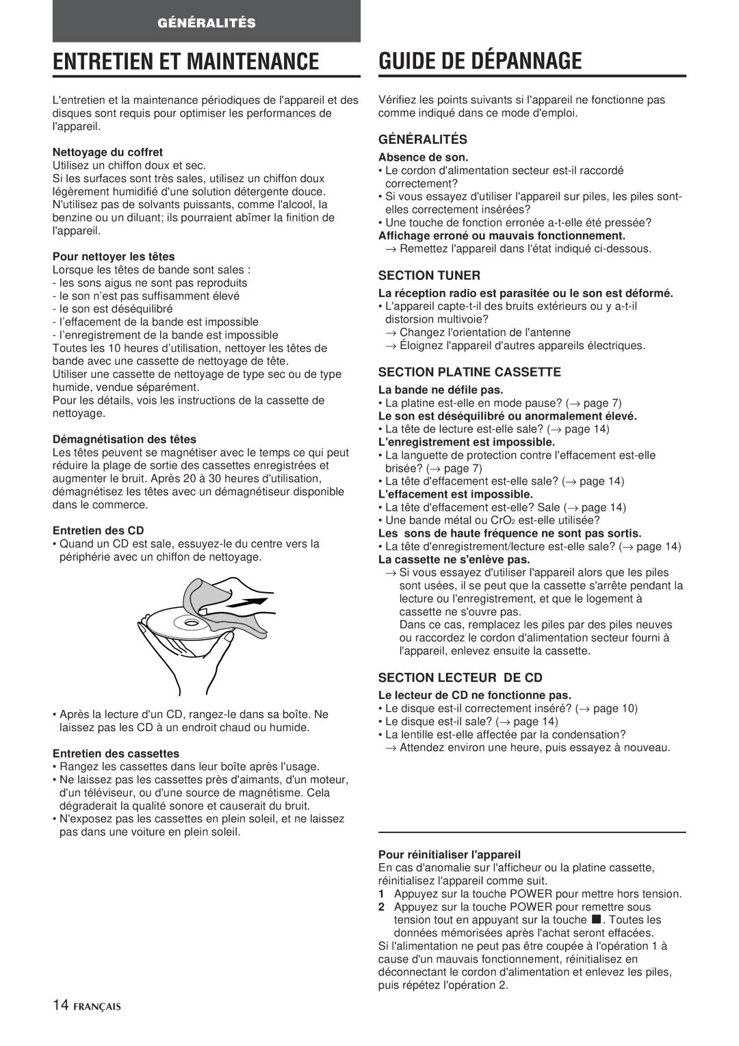 Aiwa CSD-EL300 operating instructions Guide DE Dépannage, Section Tuner, Section Platine Cassette, Section Lecteur DE CD 