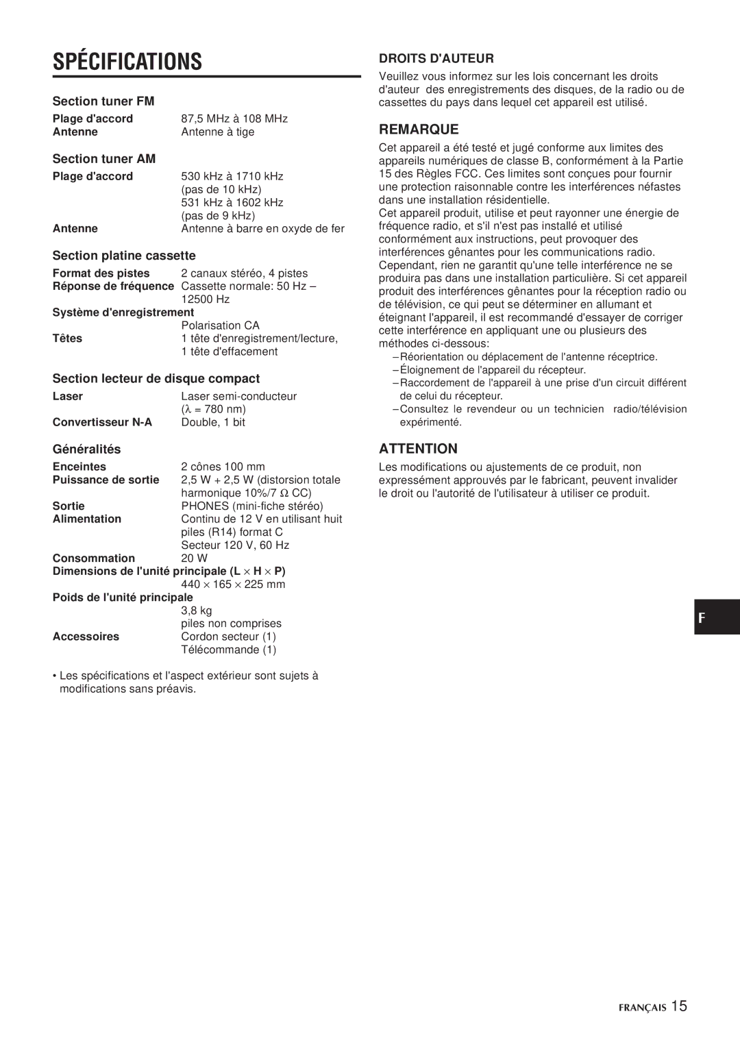 Aiwa CSD-EL300 operating instructions Spécifications, Droits Dauteur 