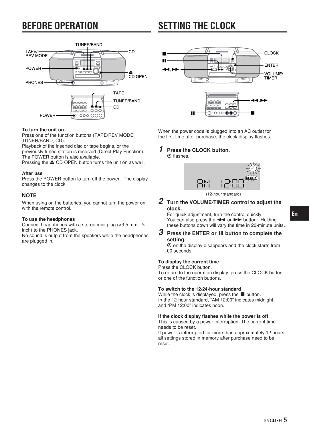 Aiwa CSD-EL300 operating instructions Before Operation Setting the Clock, Press the Clock button 