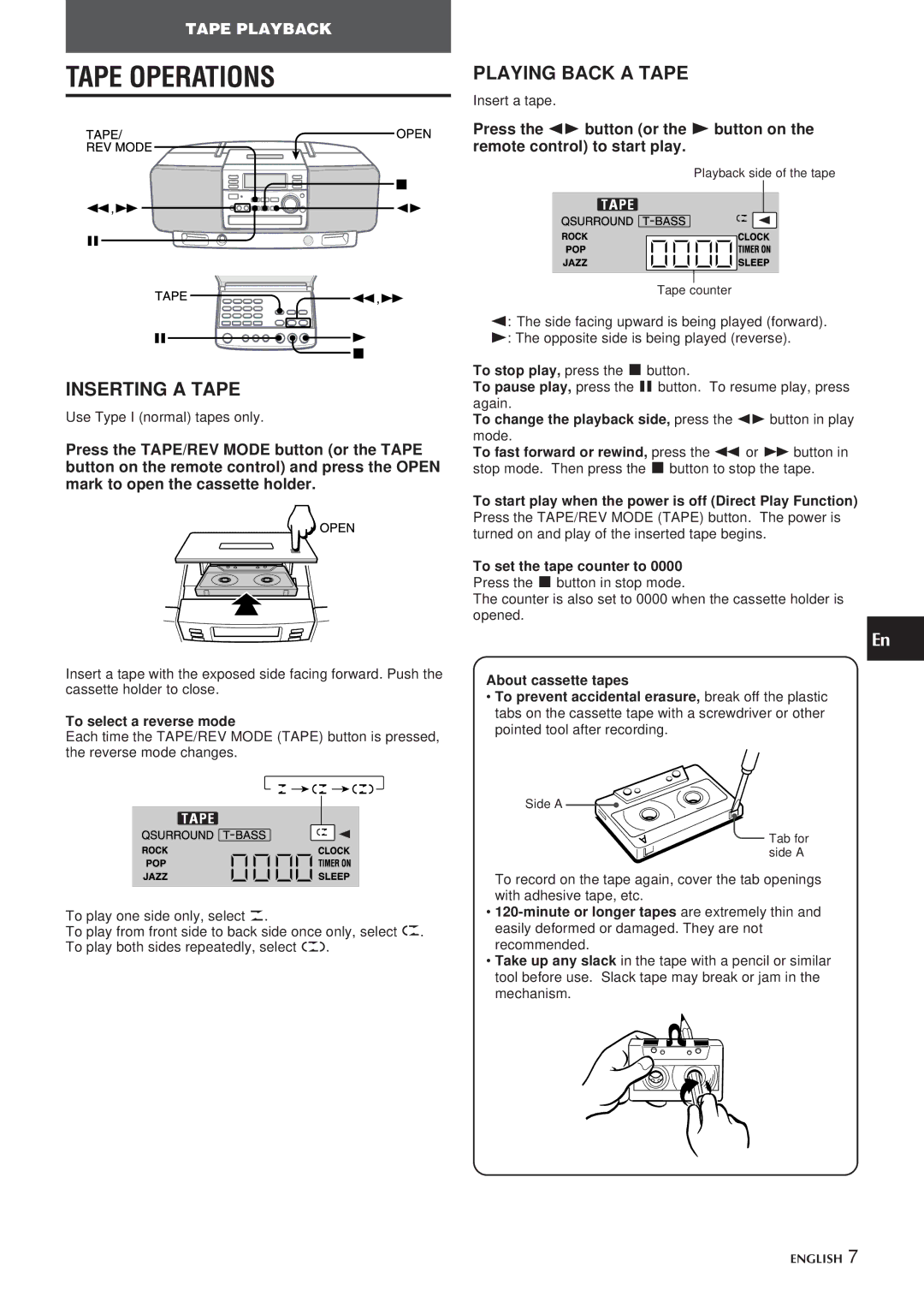 Aiwa CSD-EL300 operating instructions Tape Operations, Inserting a Tape, Playing Back a Tape, To select a reverse mode 