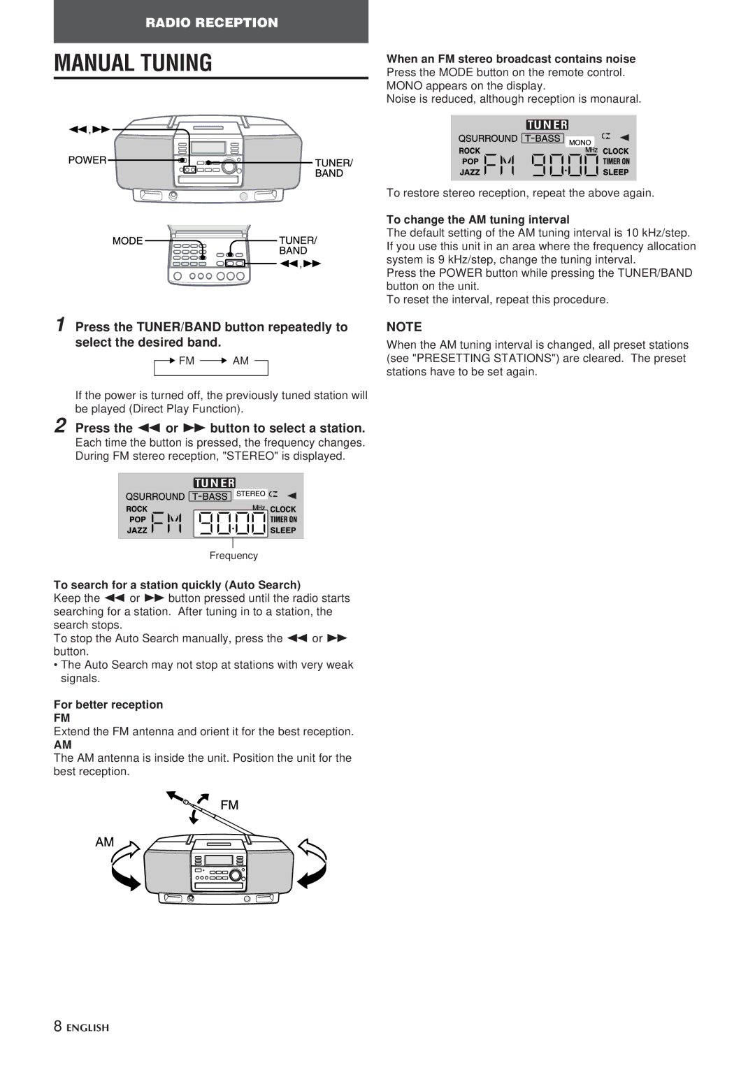 Aiwa CSD-EL300 Manual Tuning, Press the for g button to select a station, To change the AM tuning interval 