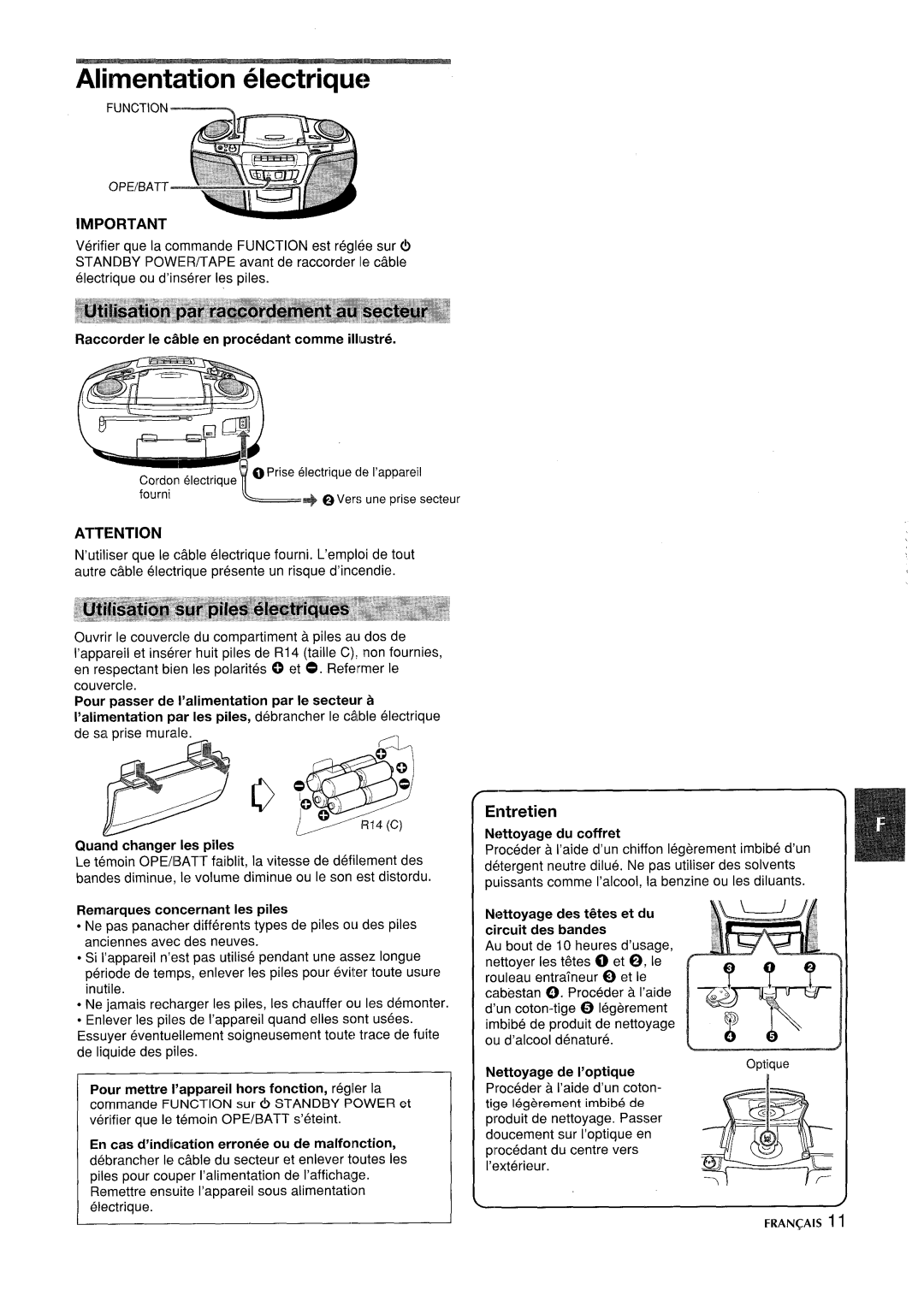 Aiwa CSD-ES365 manual Alimentation electrique, Entretien 