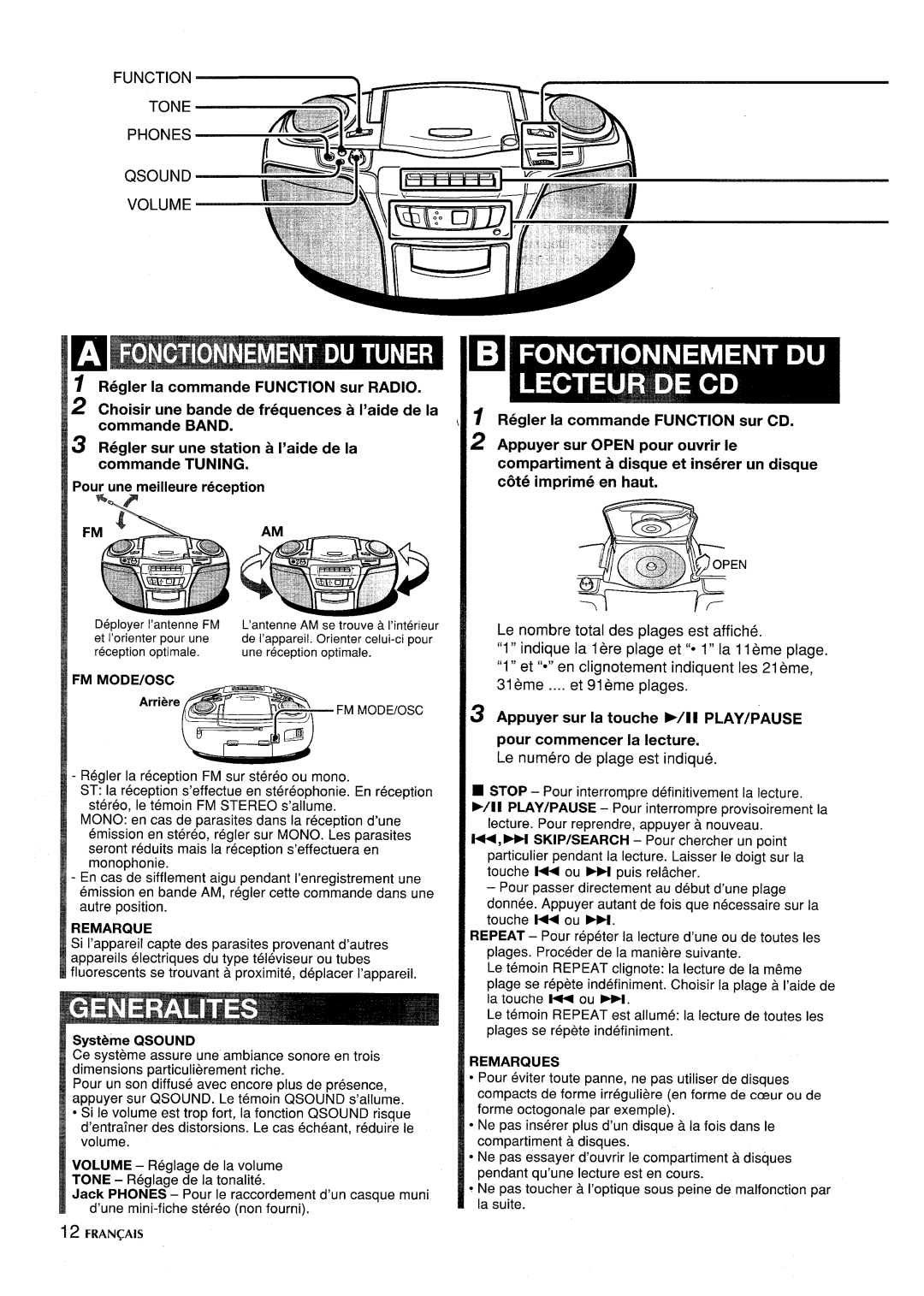 Aiwa CSD-ES365 manual Systeme Qsound, Le nombre total des plages est affiche, Le numero de plage est indique, Remarques 