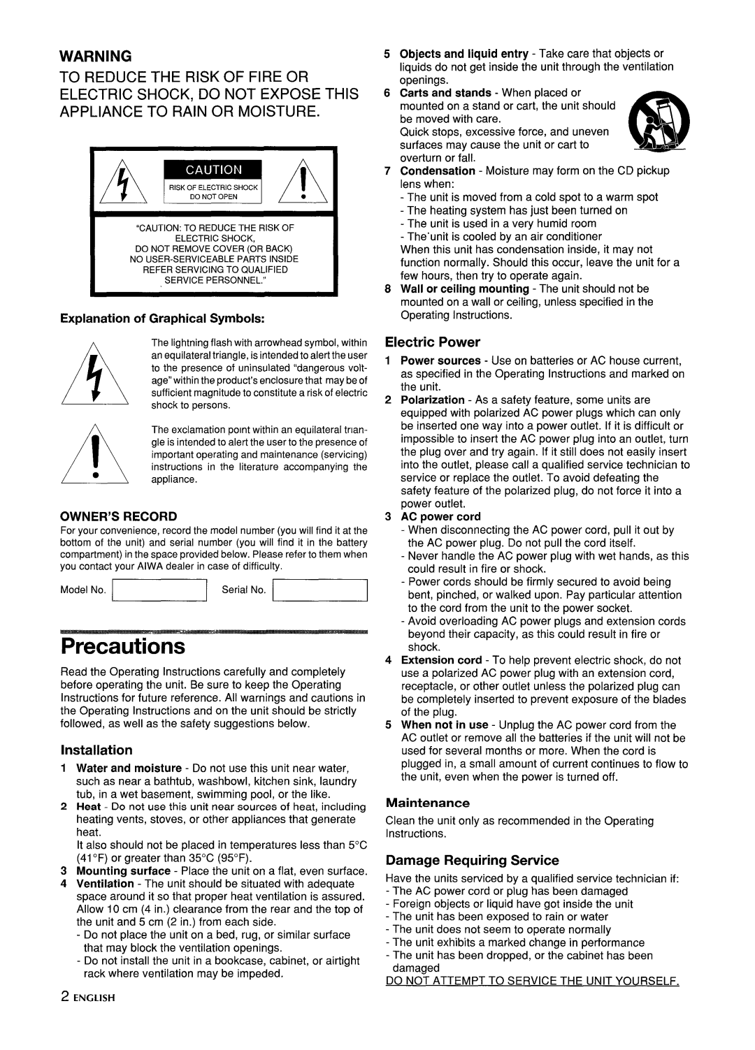 Aiwa CSD-ES365 manual Precautions, Electric Power, Damage Requiring Service, Owner’S, Record 